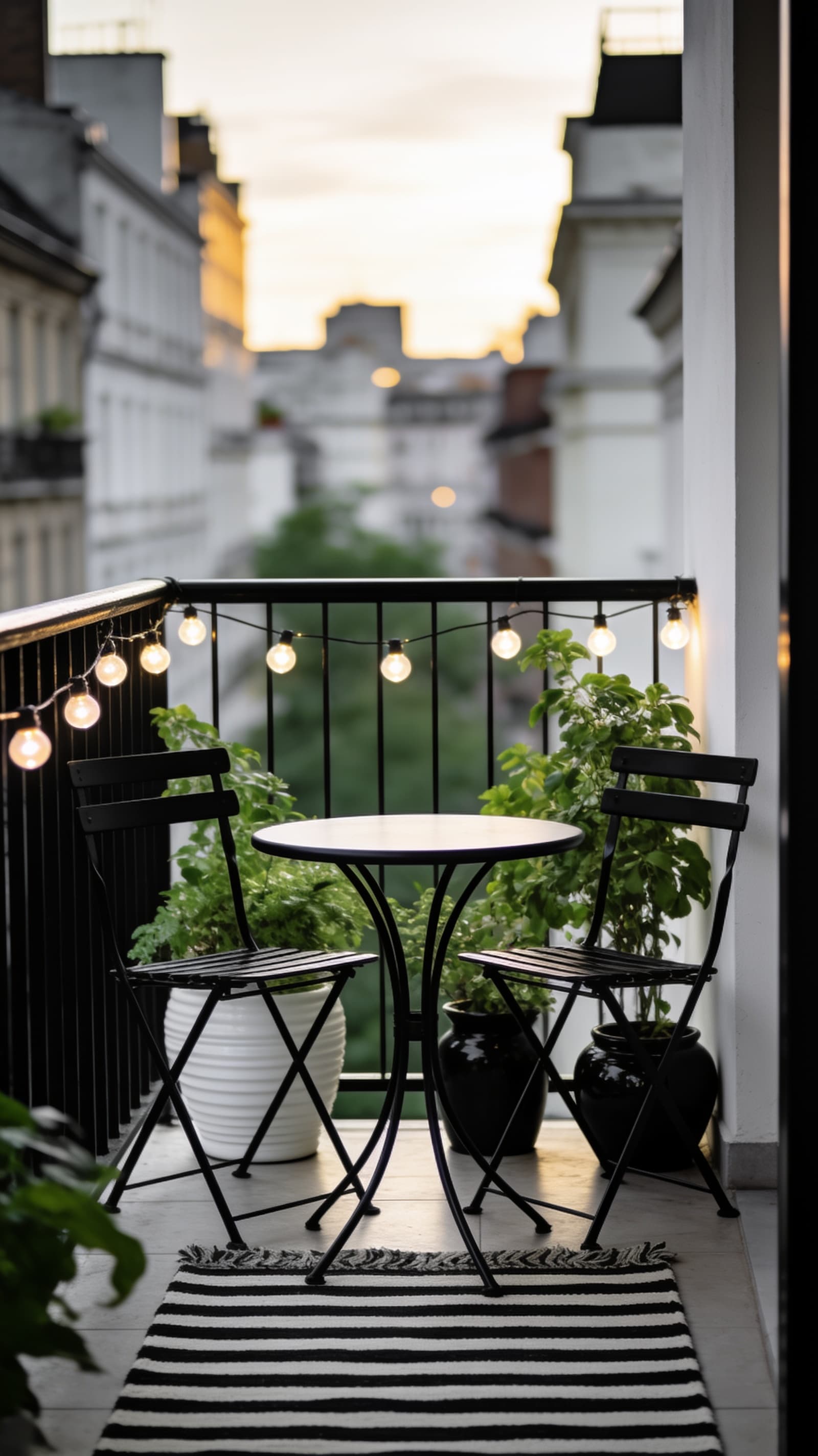 A small city balcony styled in a black and white palette with black metal bistro chairs, a black-and-white striped outdoor rug, warm string lights along a black railing, and lush potted green plants