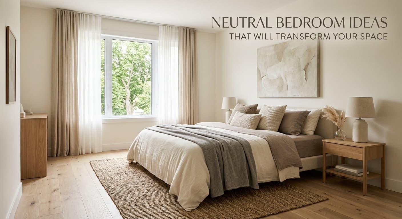 A neutral bedroom with warm taupe walls, a boucle headboard, layered oatmeal linen bedding, and a rattan nightstand