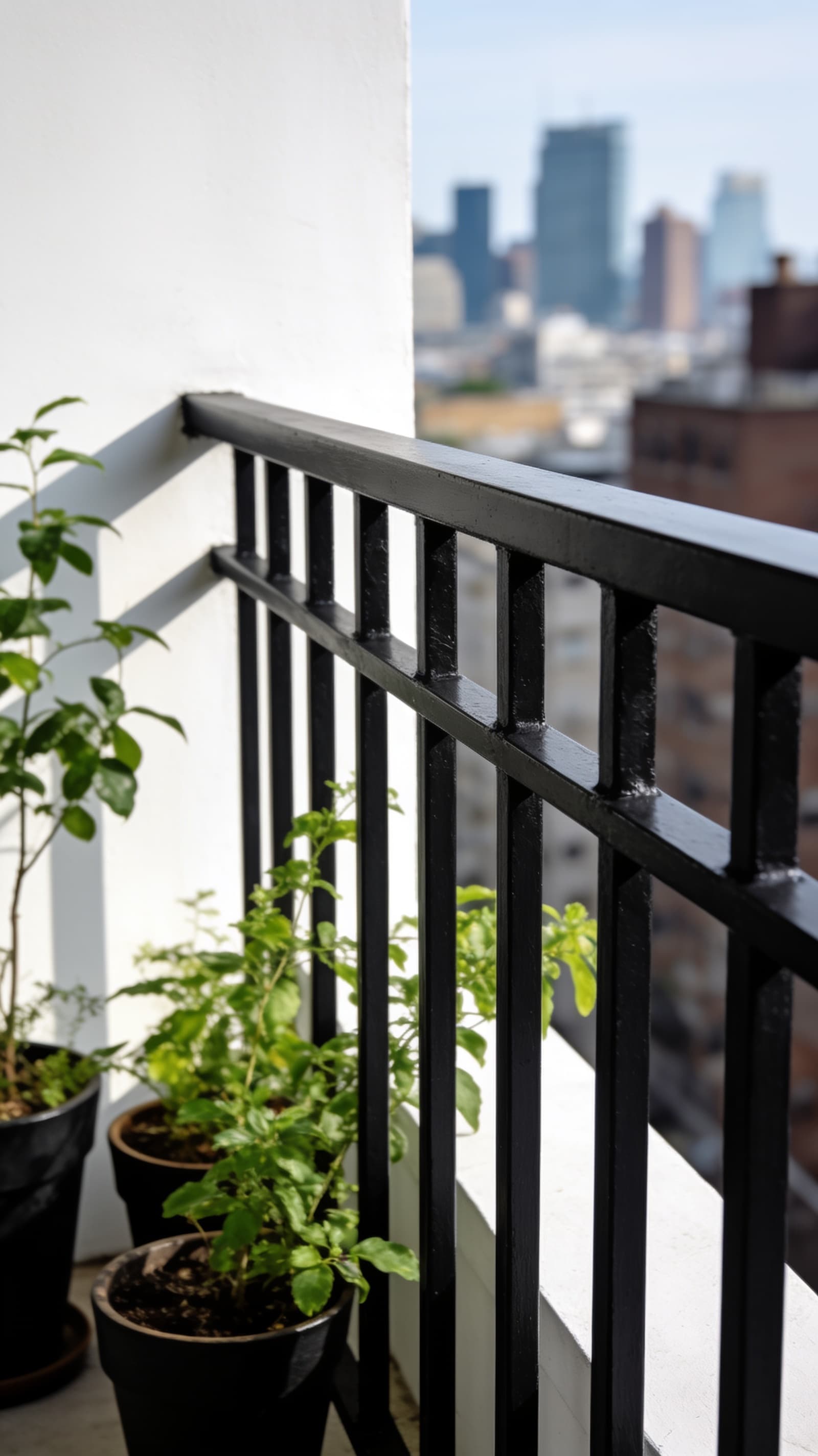 Matte black outdoor balcony railing against a bright white wall