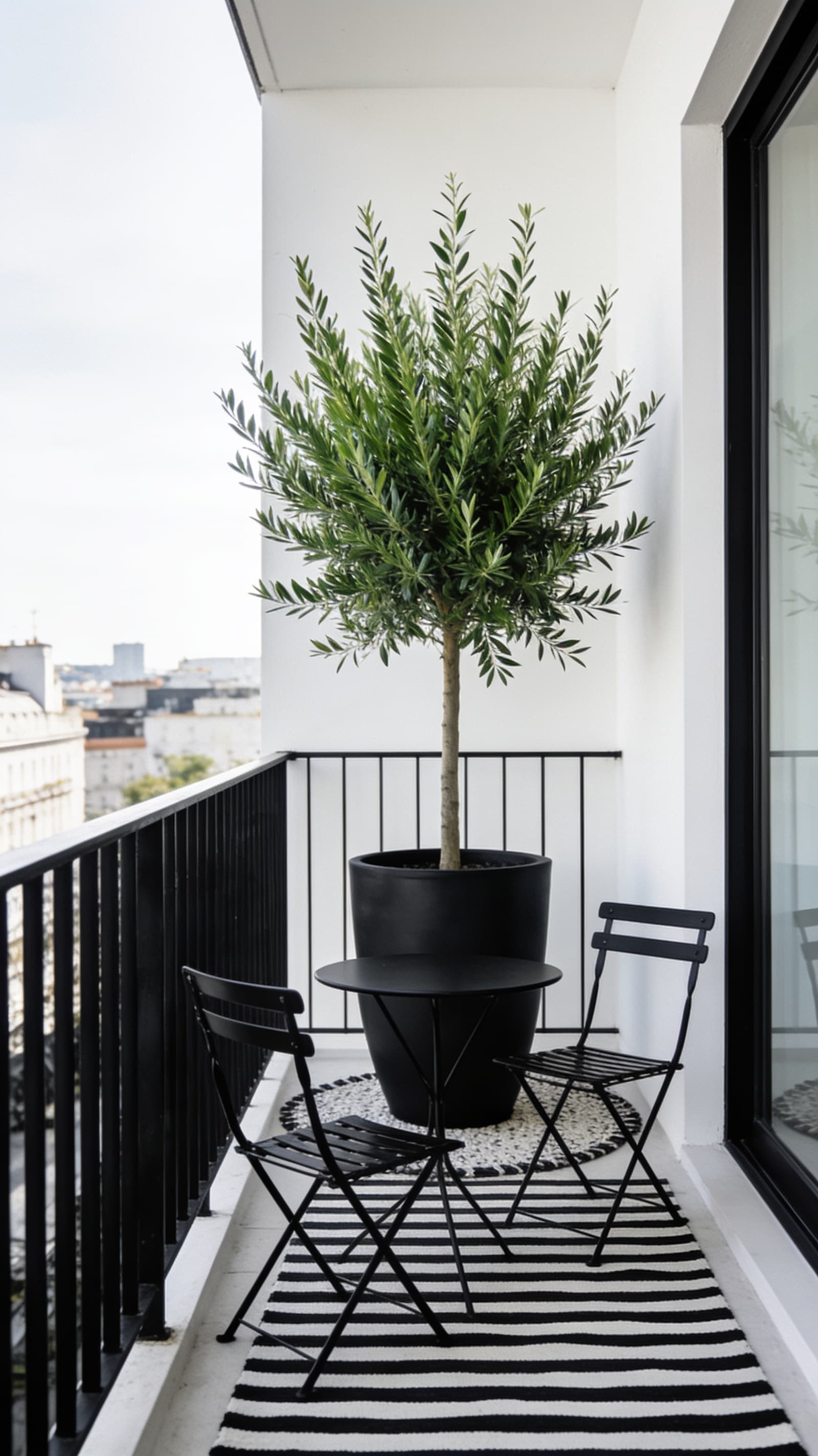 Tall bold green plant in a large black planter on a black and white balcony