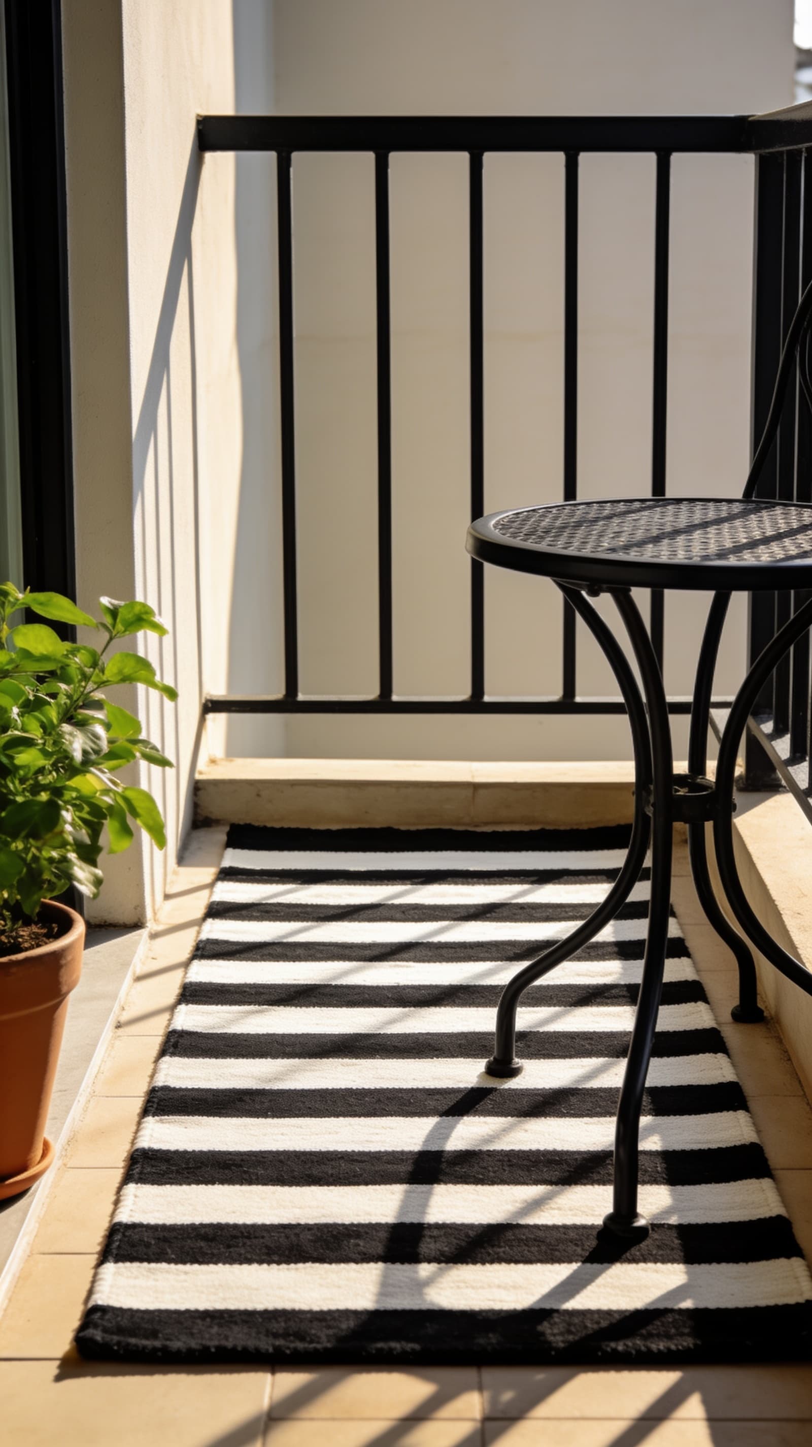 Black and white striped outdoor rug on a small balcony floor