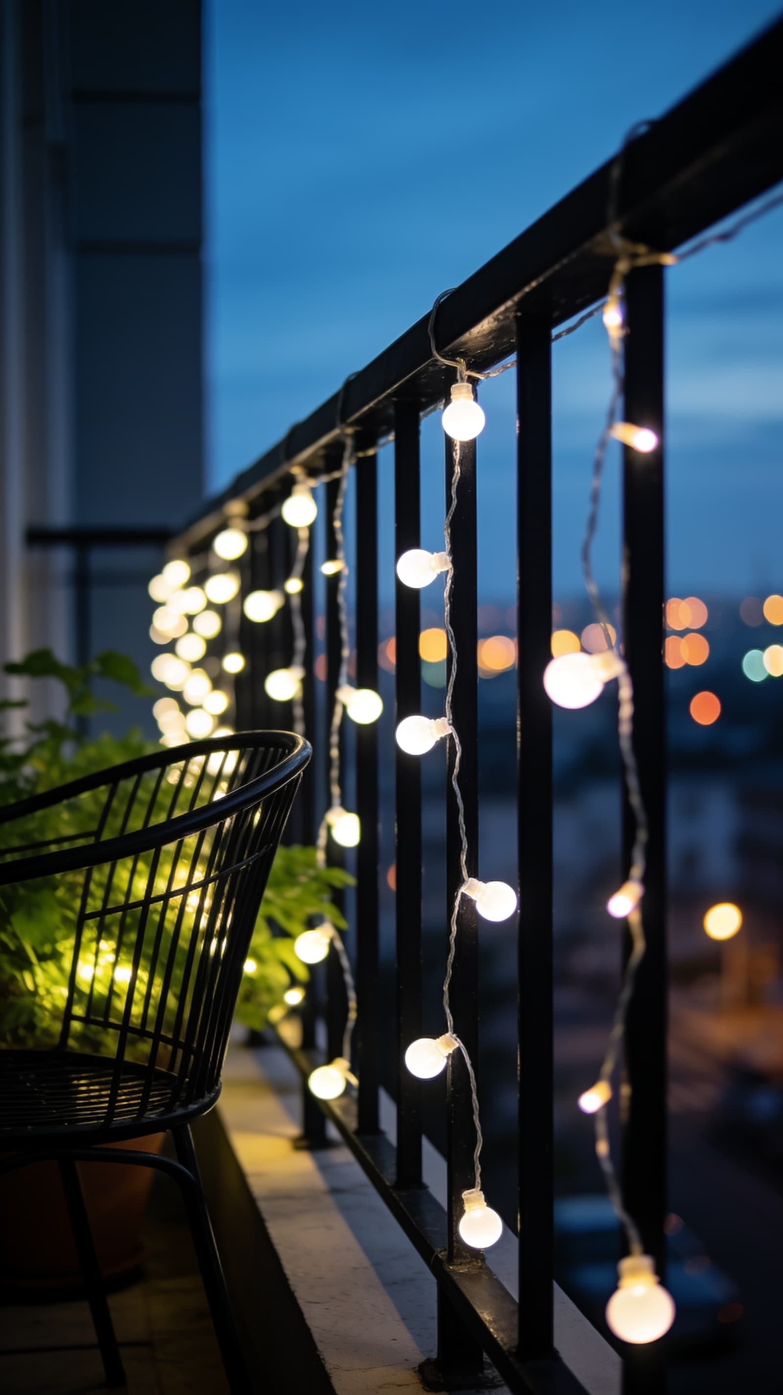 Warm white outdoor string lights glowing along a black balcony railing at dusk