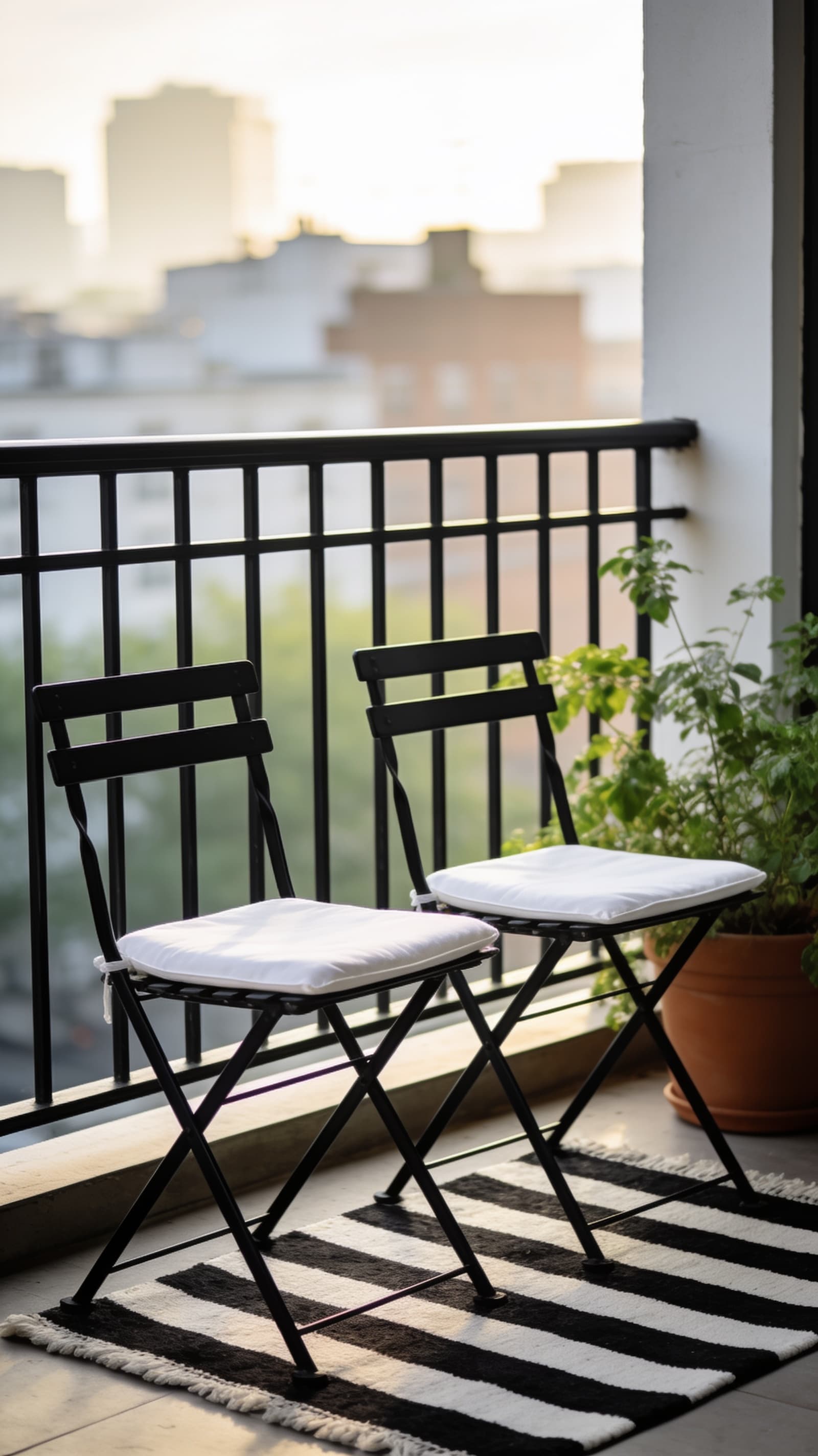 Two black metal folding bistro chairs with thin white cushions on a balcony