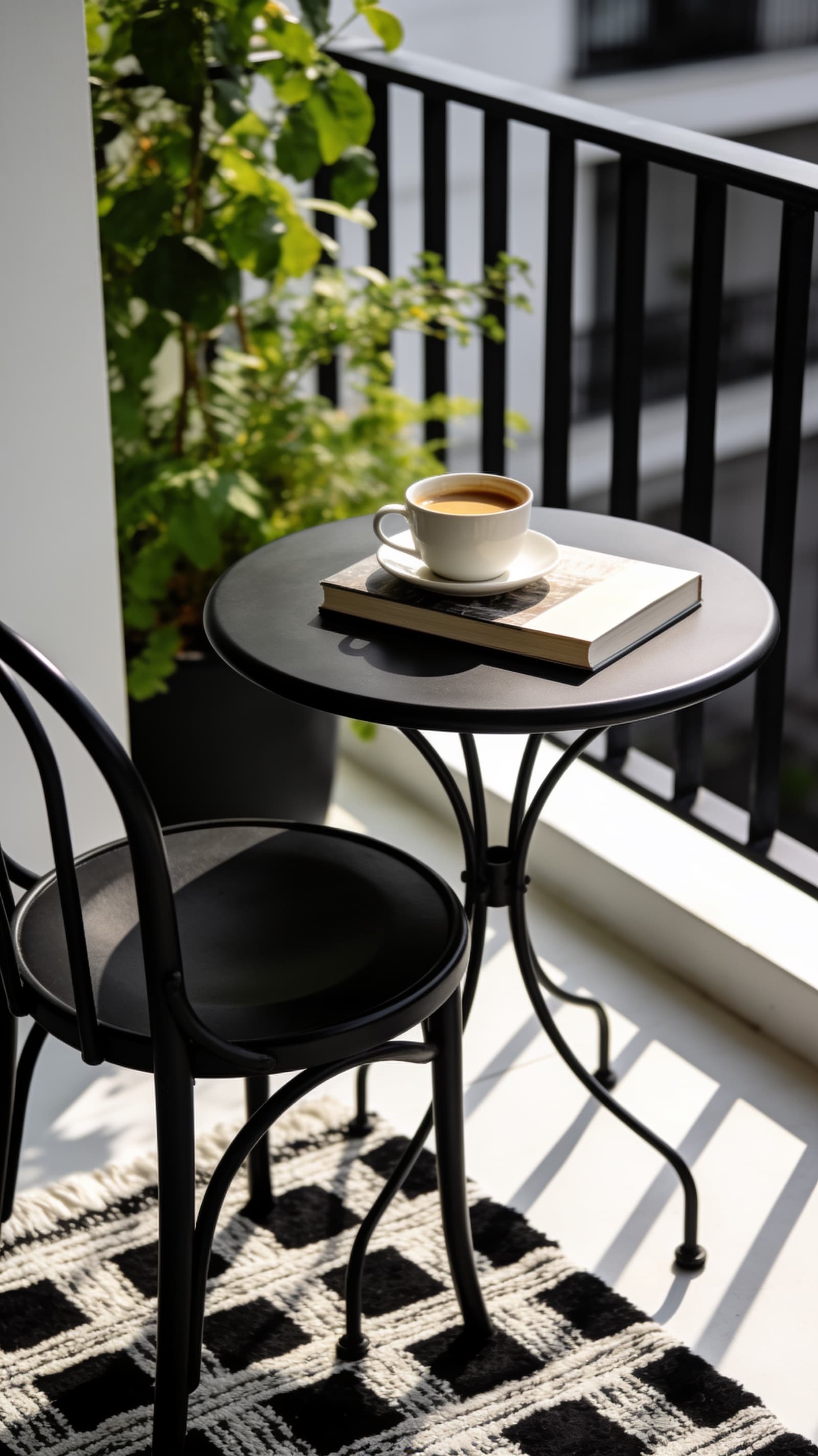 Small round black metal side table with a coffee cup and a book on a balcony