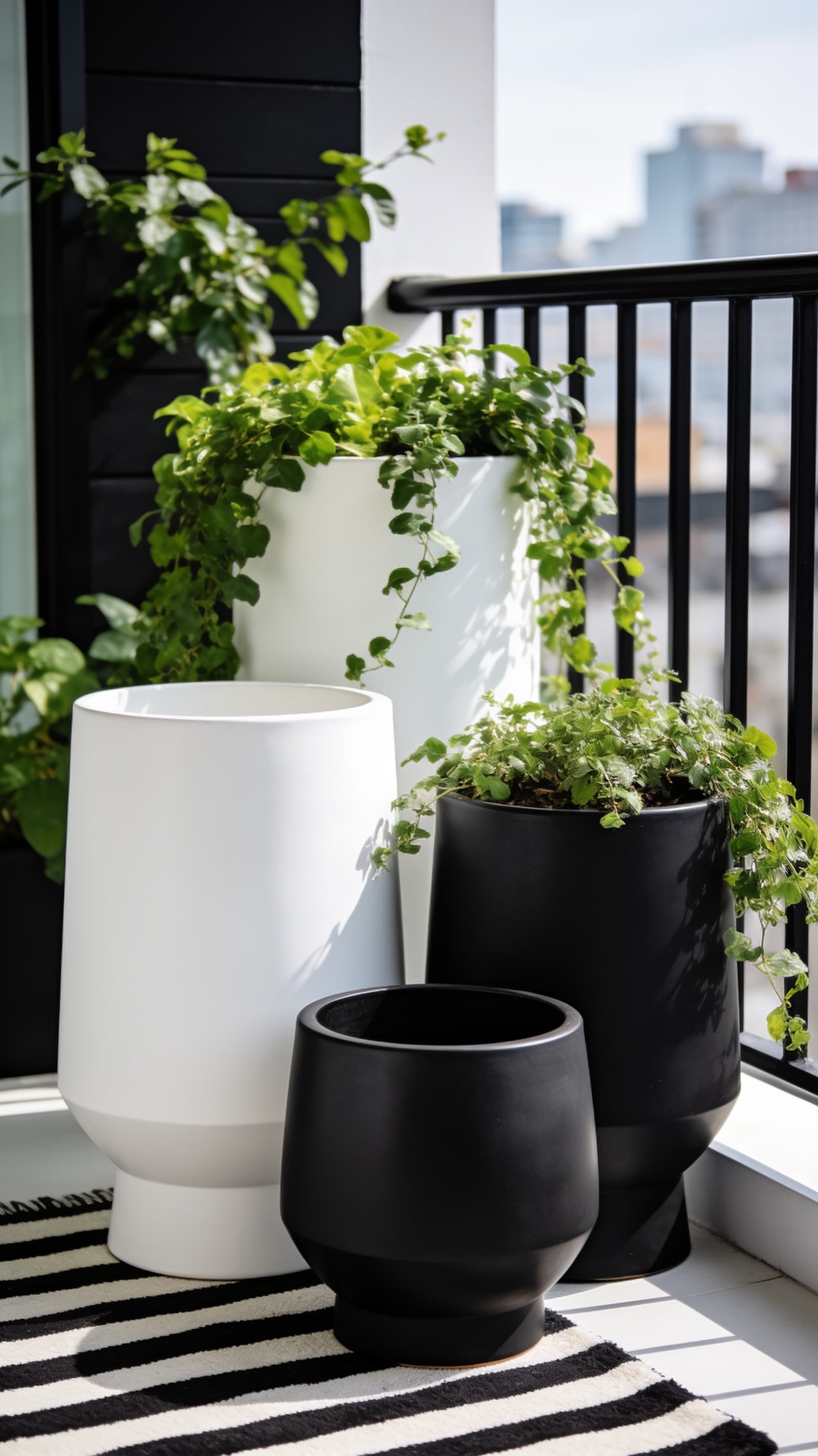Cluster of white and black ceramic planter pots with green plants on a balcony