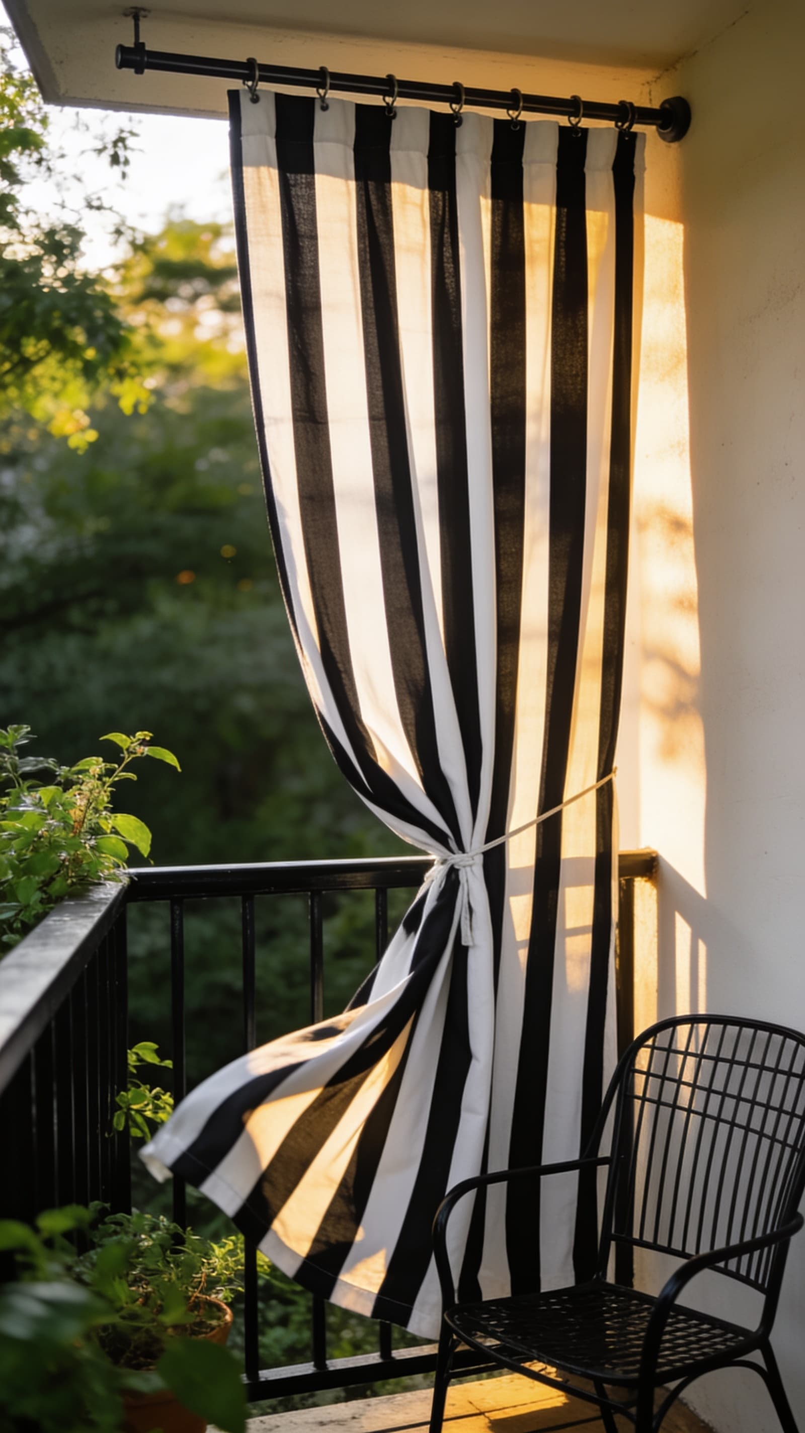 Black and white striped outdoor curtain panel tied back on a balcony in warm light