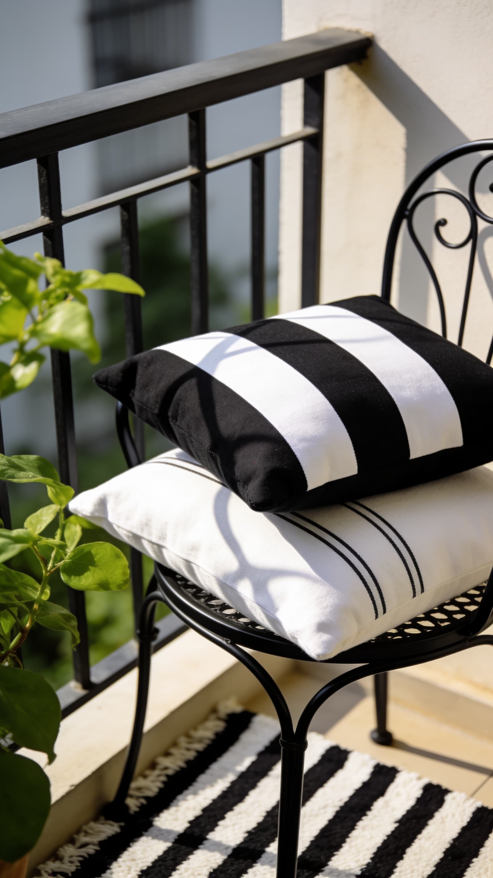 Black and white striped outdoor throw pillows on a black metal bistro chair