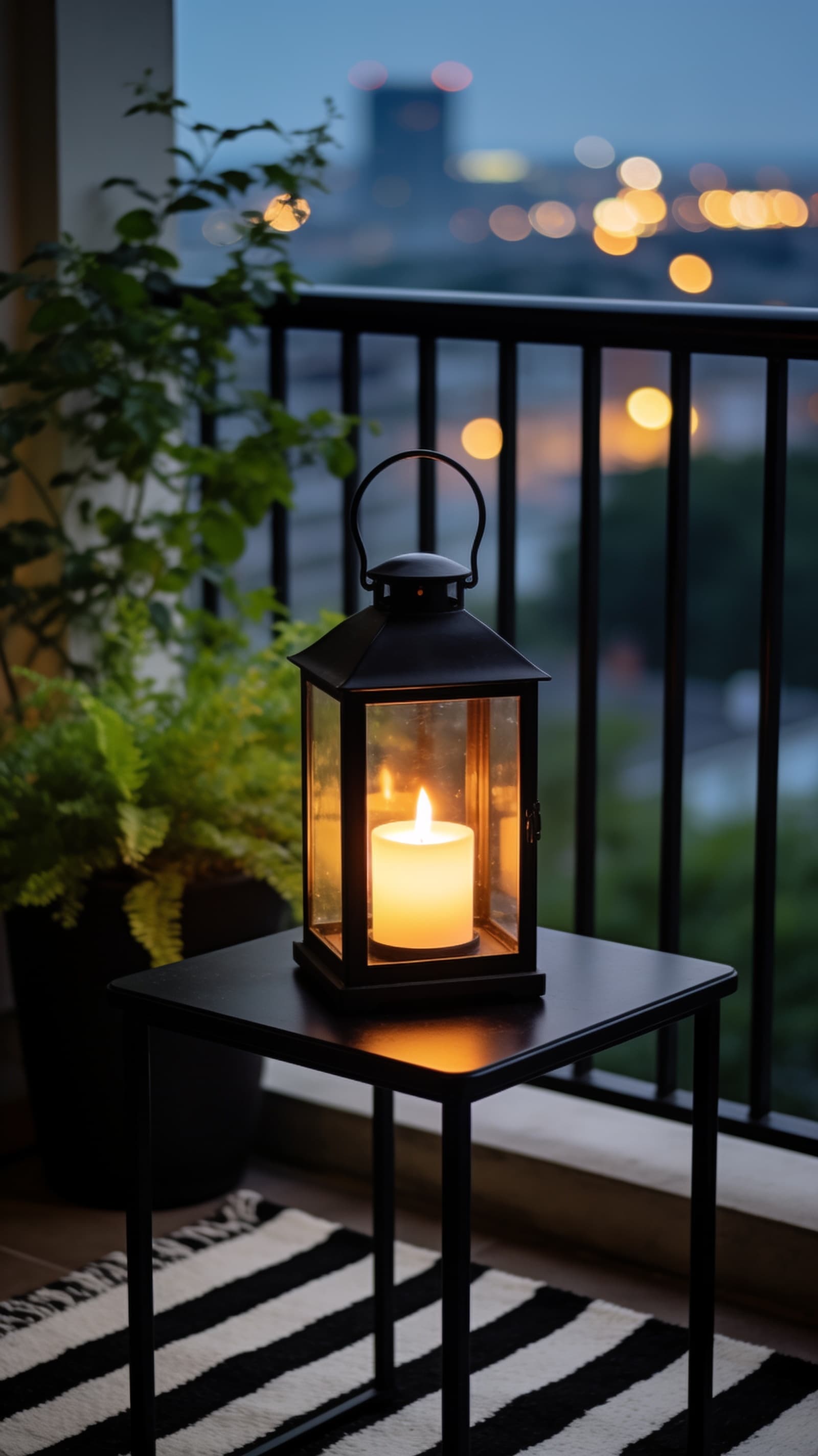 Black metal outdoor lantern with a flameless candle glowing on a balcony side table