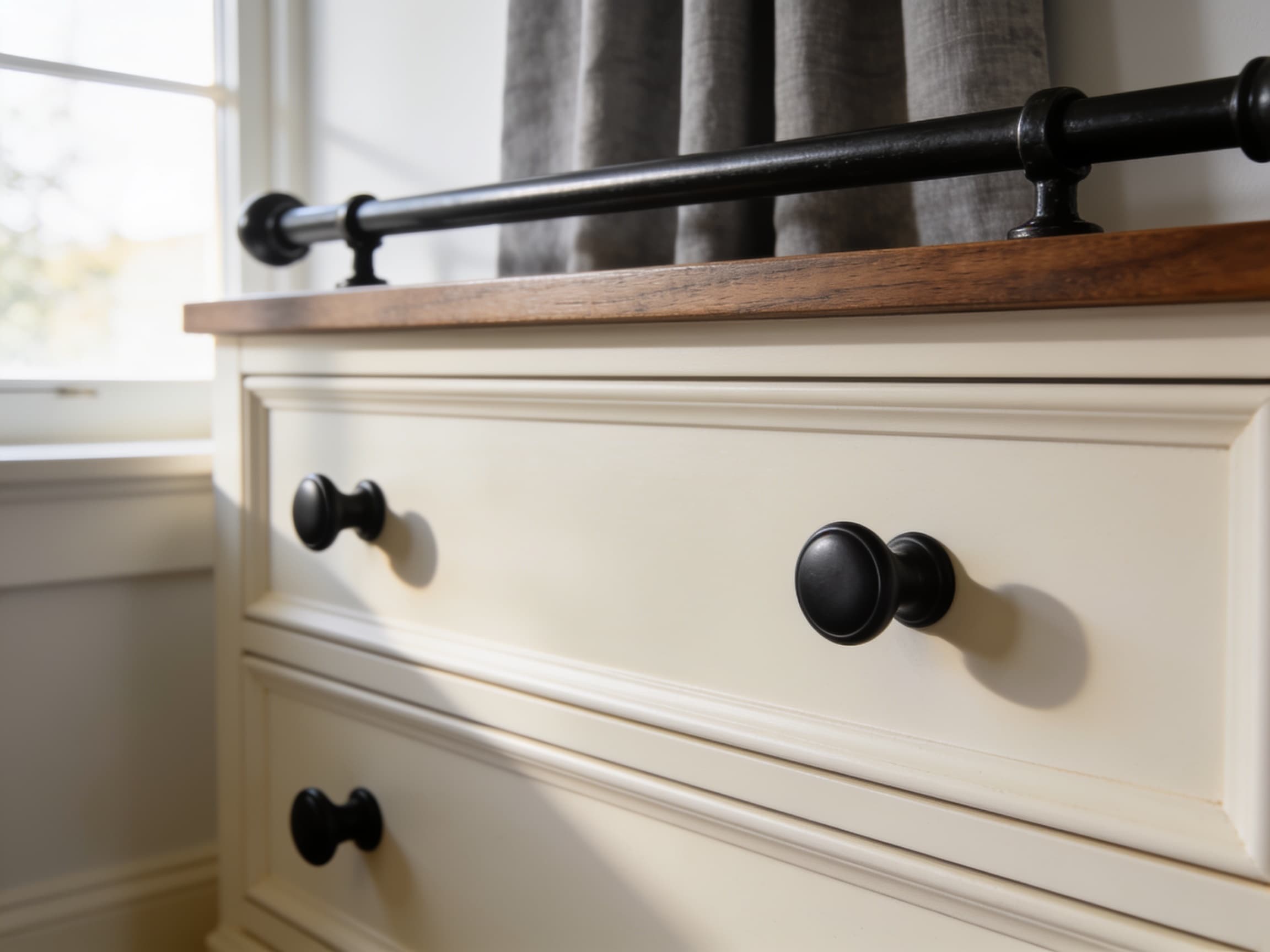 Matte black drawer pulls on a cream dresser with a black iron curtain rod