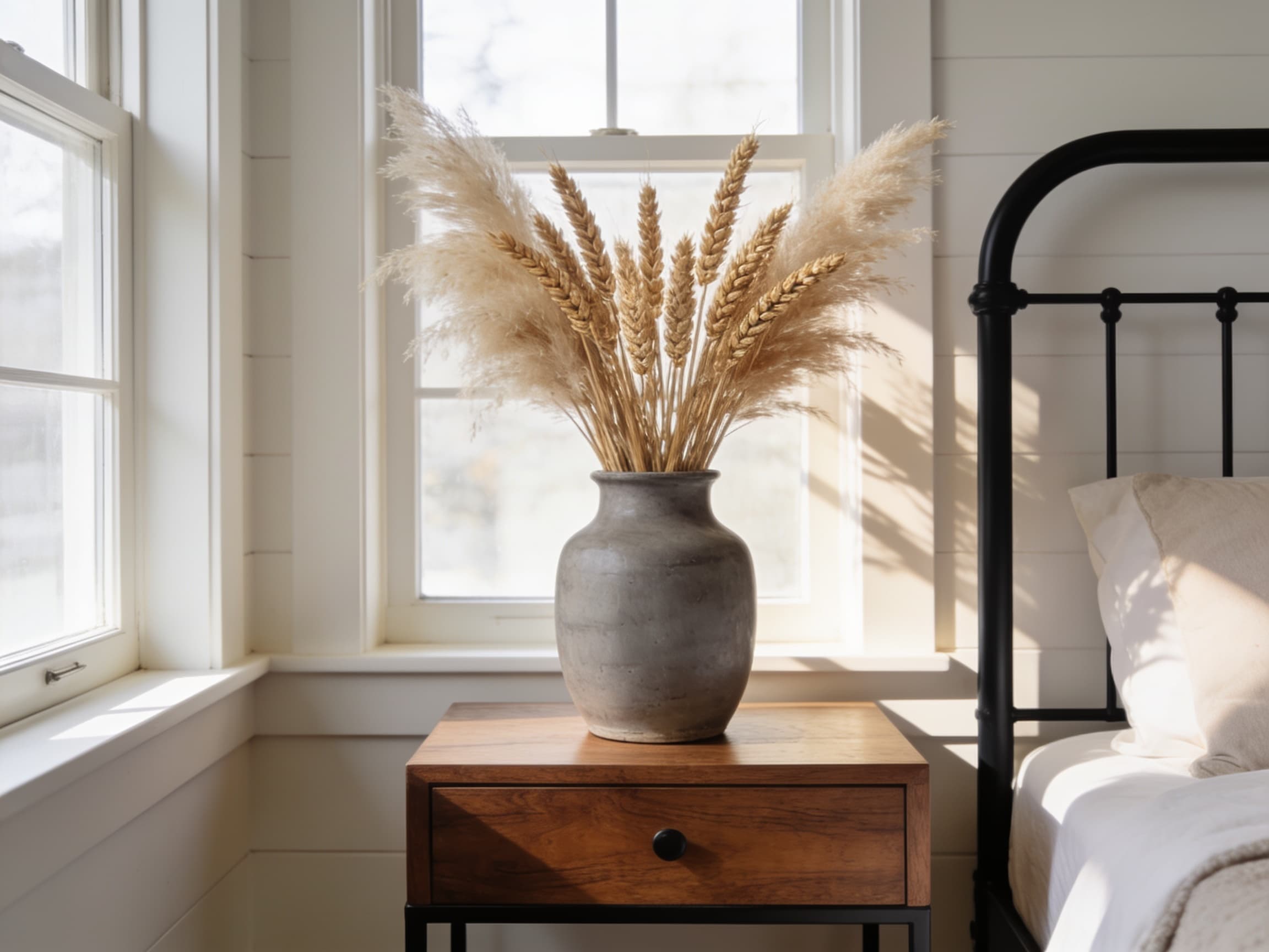 Grey stoneware vase with dried wheat stems on a wood nightstand