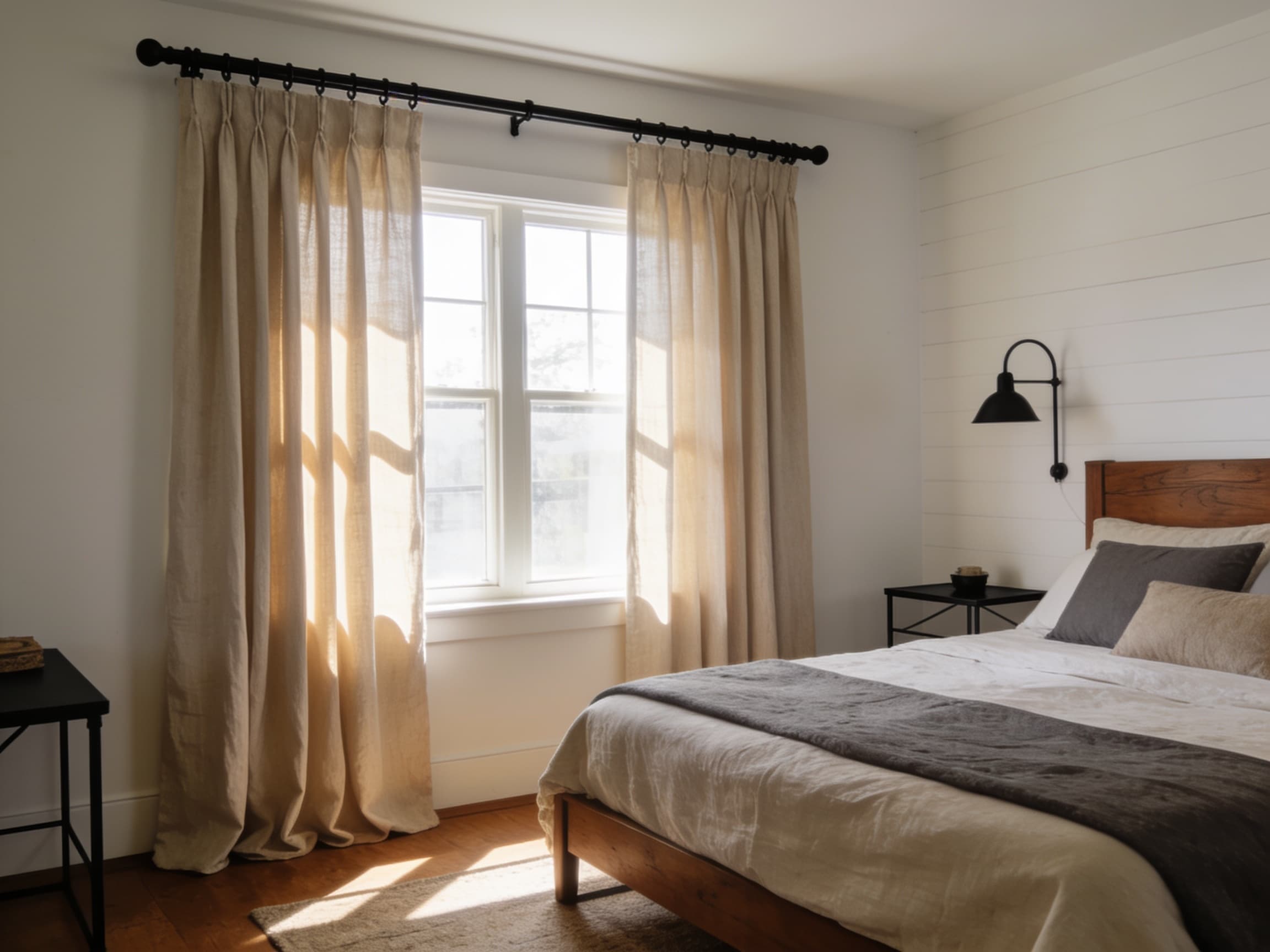 Oatmeal linen curtains hanging from a matte black iron rod