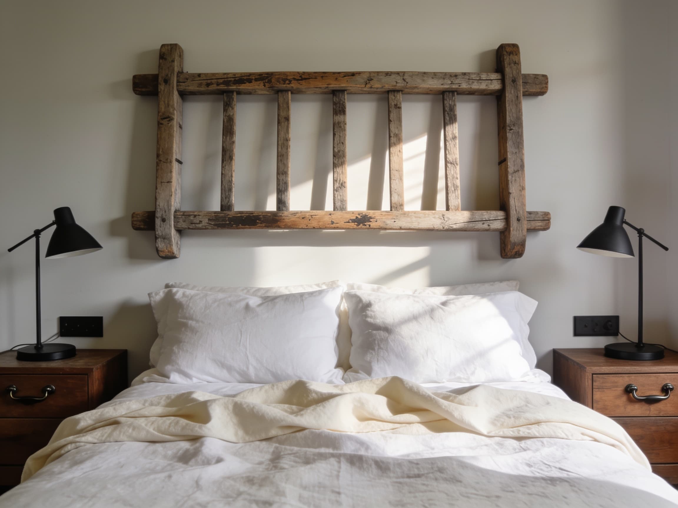 Weathered wood ladder mounted behind bed pillows as a headboard accent