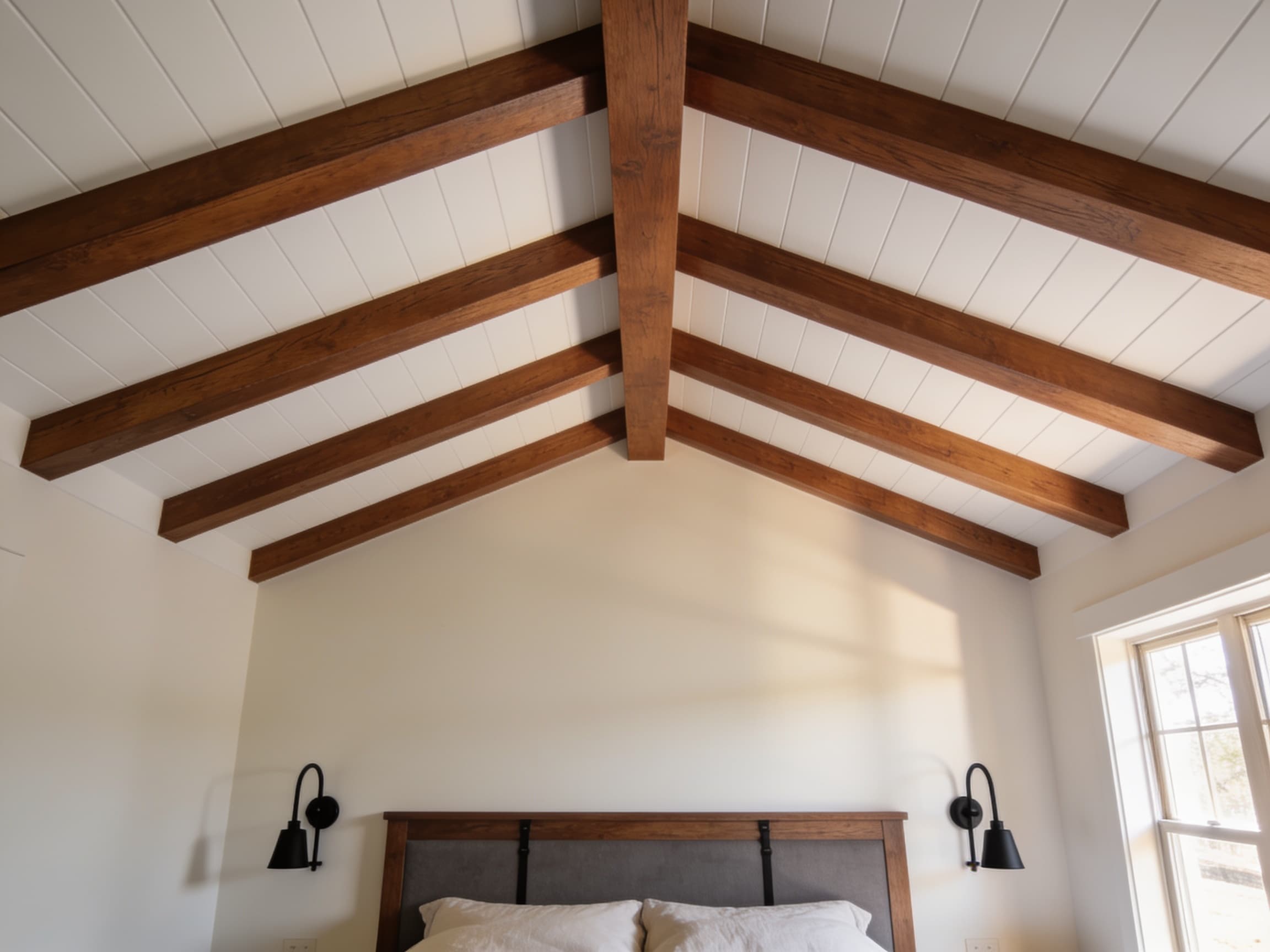 Walnut-stained faux wood beams across a white plank bedroom ceiling
