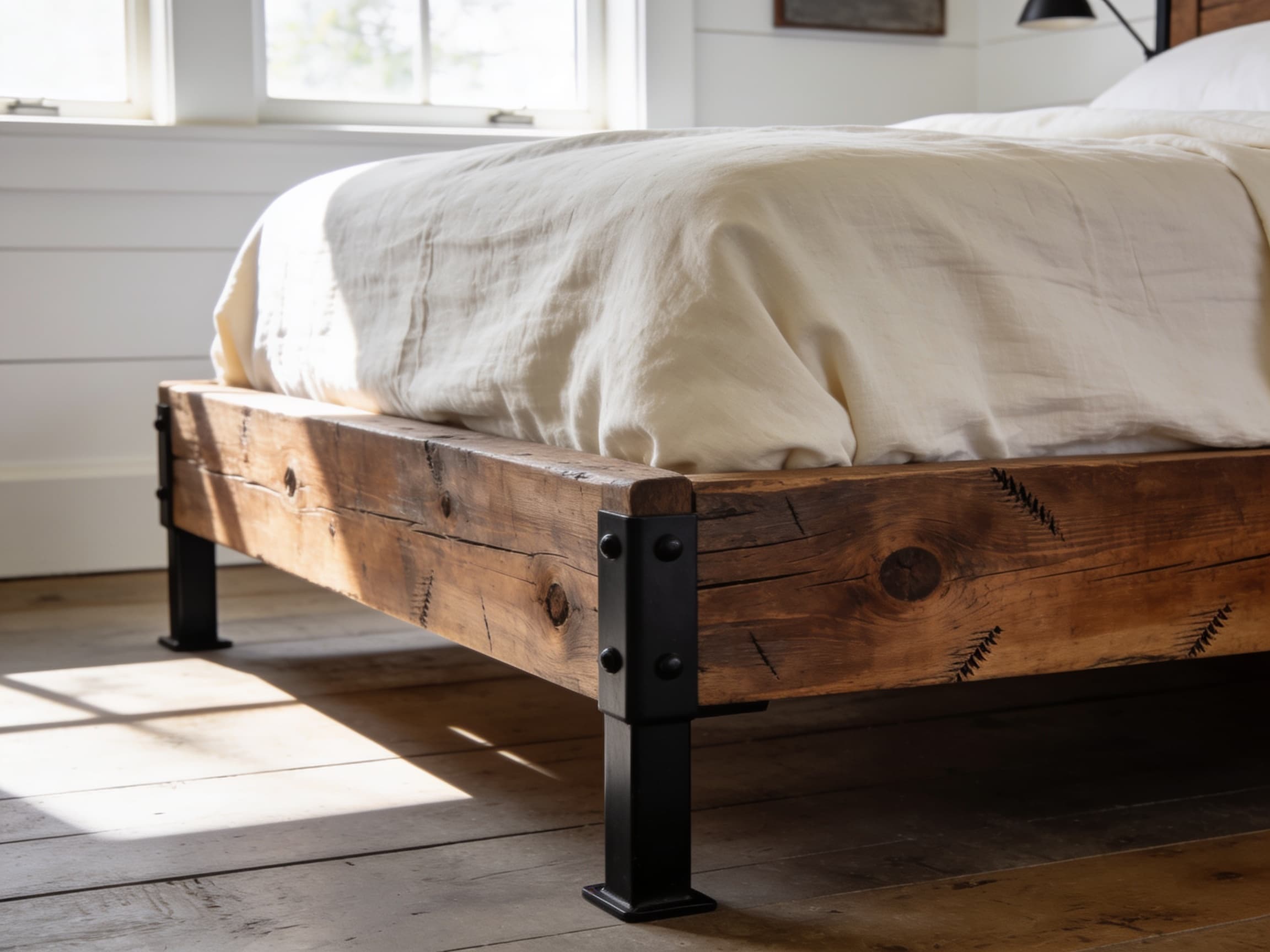 Reclaimed pine platform bed frame with visible knots and grain