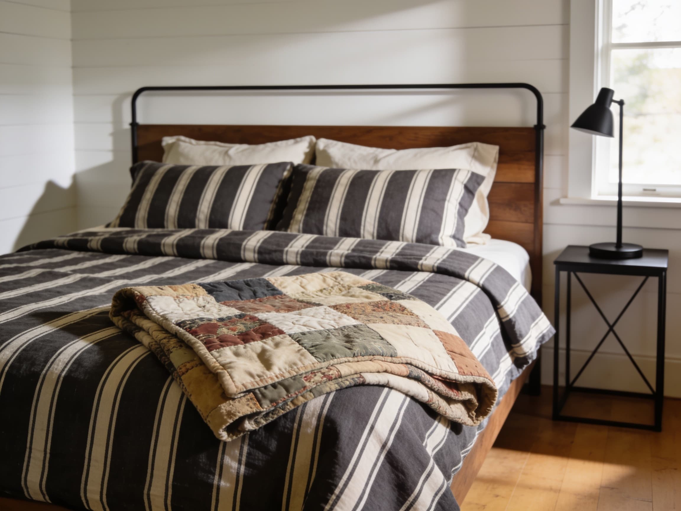 Charcoal ticking stripe duvet with a folded patchwork quilt at the foot of the bed