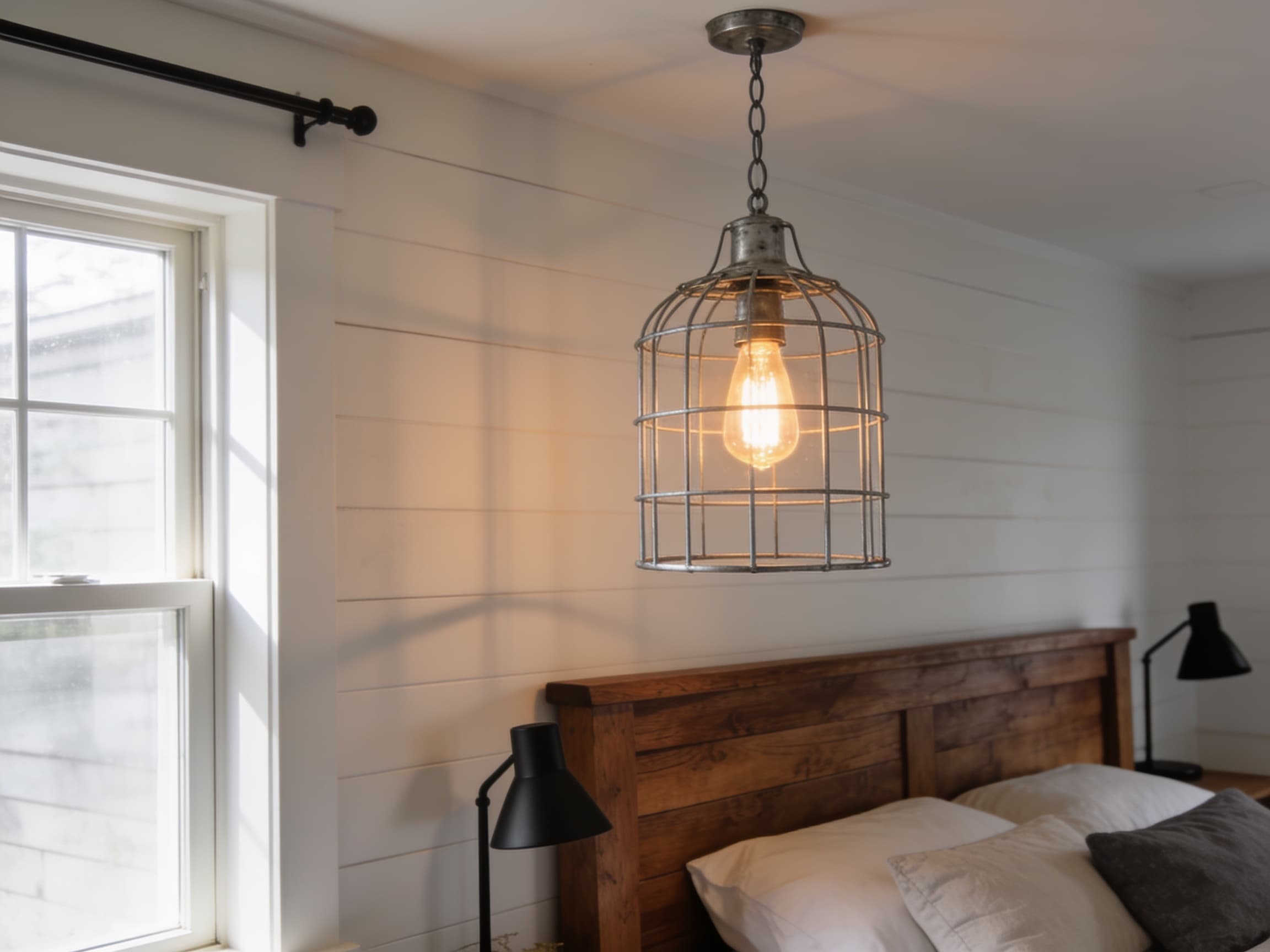 Galvanized metal wire cage pendant light above a farmhouse bed