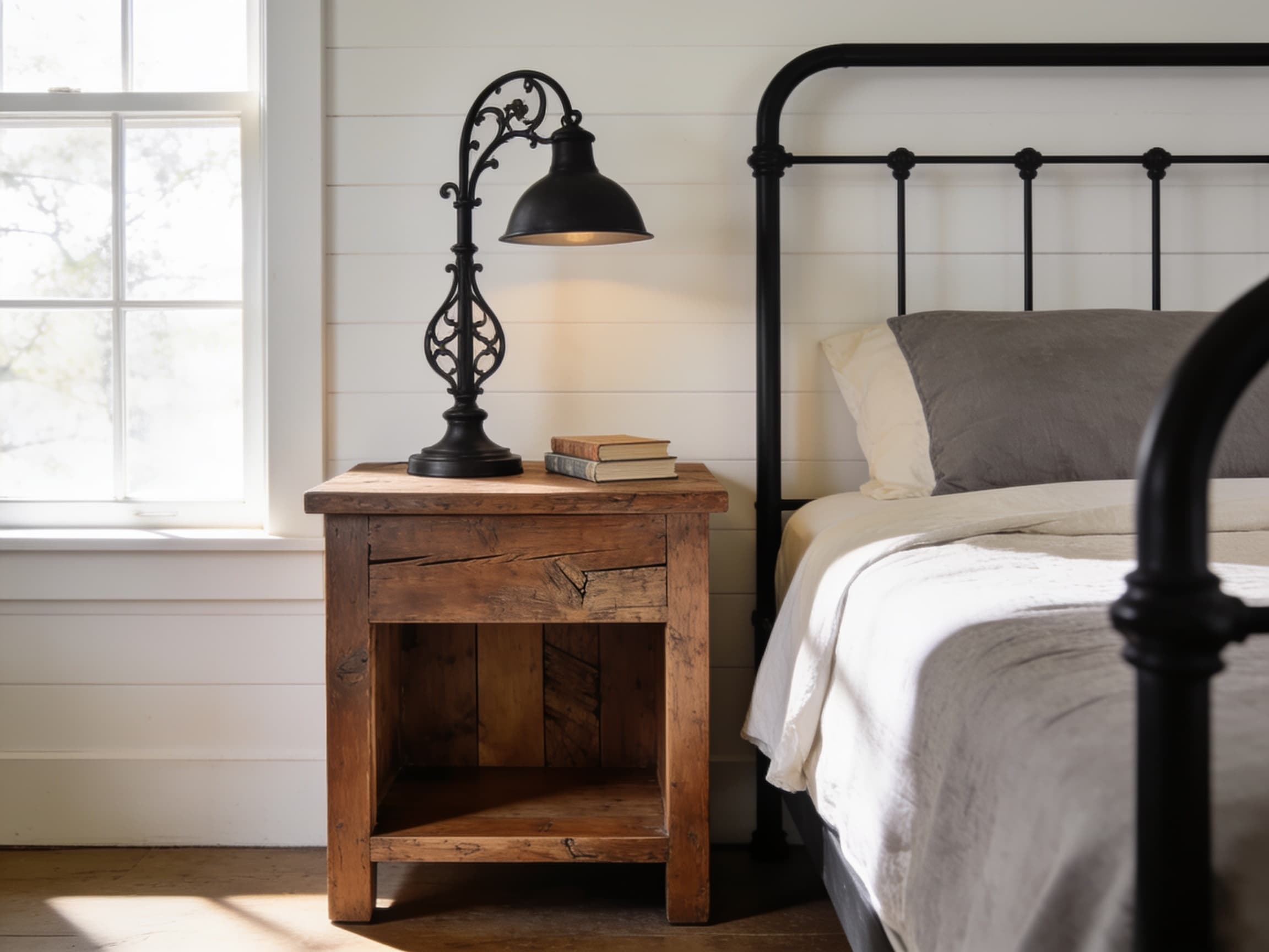 Rustic wood nightstand with an open shelf and a black metal lamp