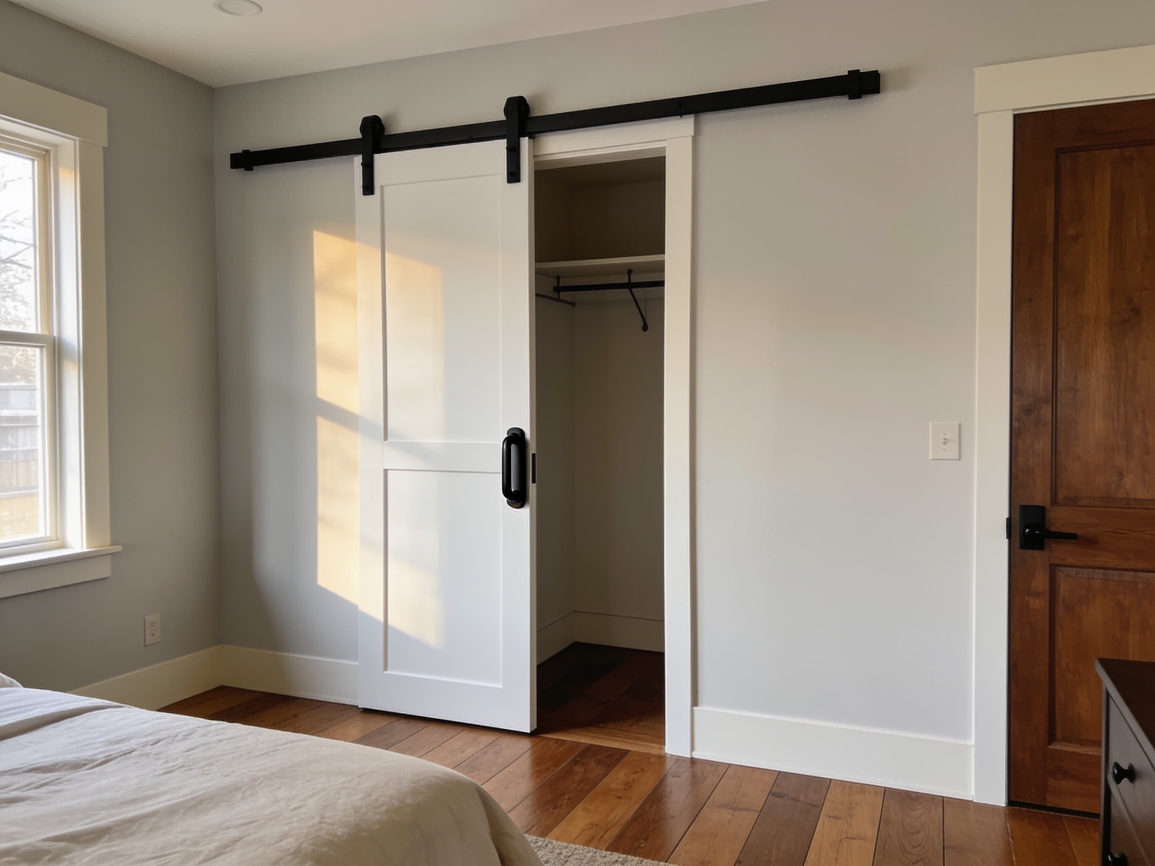 White sliding barn door on a black rail track over a bedroom closet