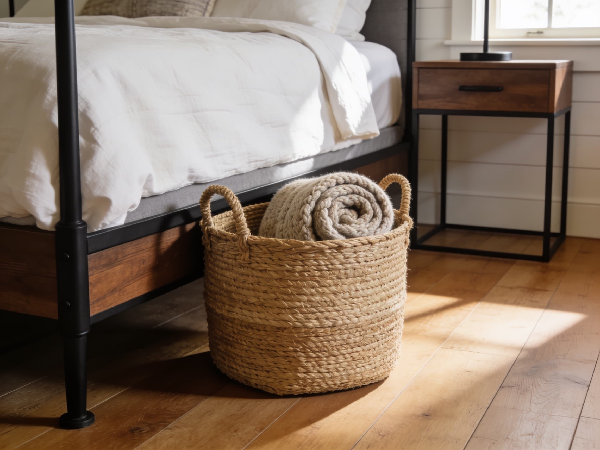 Woven seagrass storage basket with handles at the foot of a bed