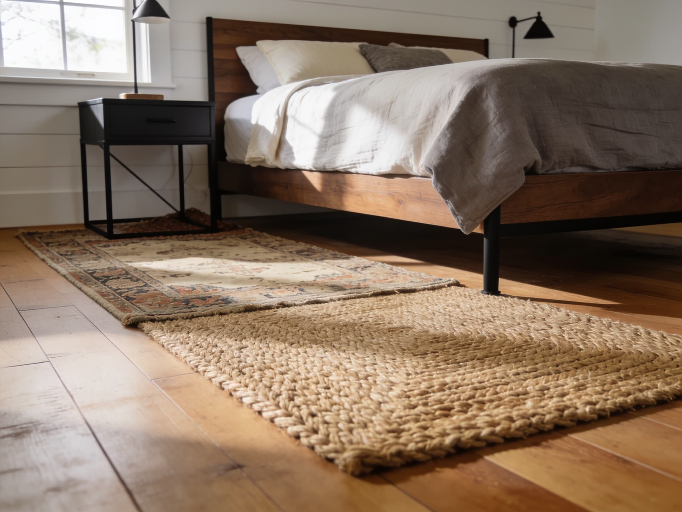 Chunky jute area rug layered with a vintage runner beside a farmhouse bed