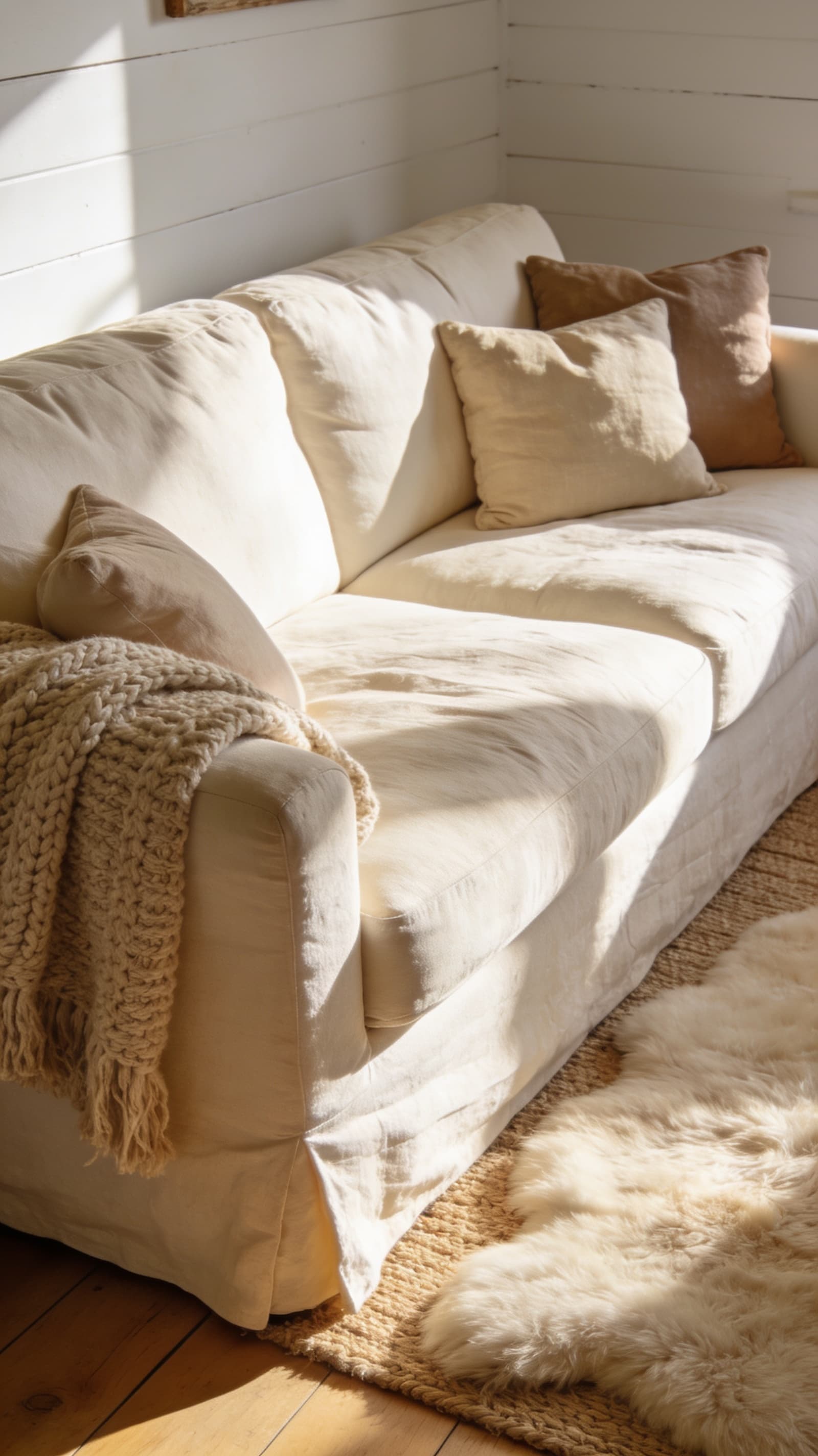 Deep-seat cream linen sofa with soft pillows in a farmhouse living room