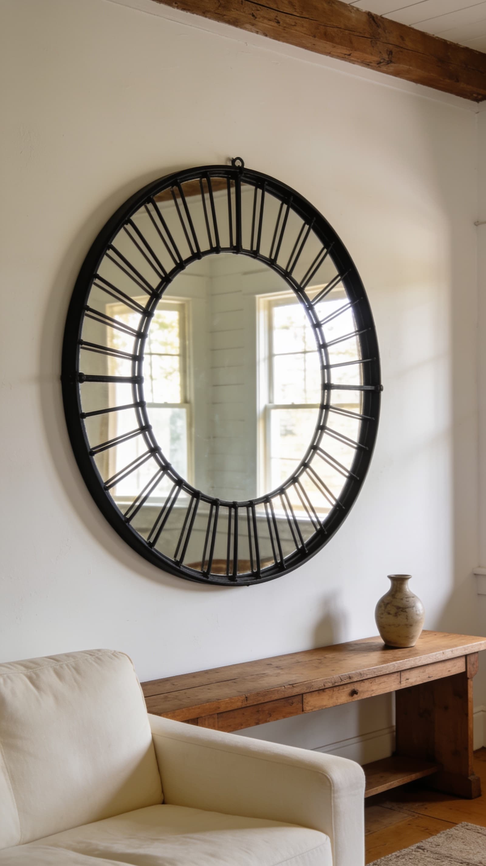 Round black metal framed mirror on a warm white farmhouse living room wall