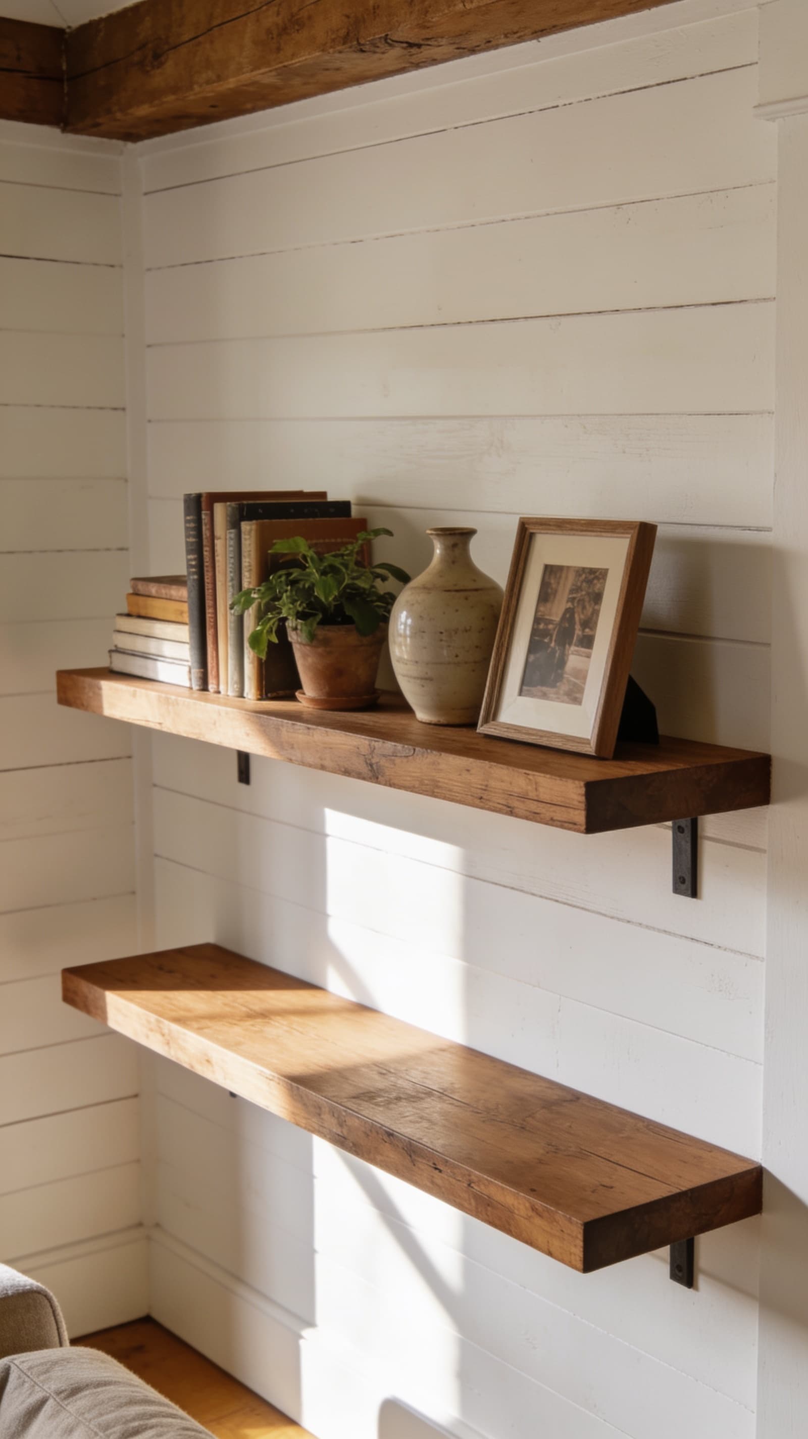 Floating wood shelves styled loosely with books, pottery, and a small plant