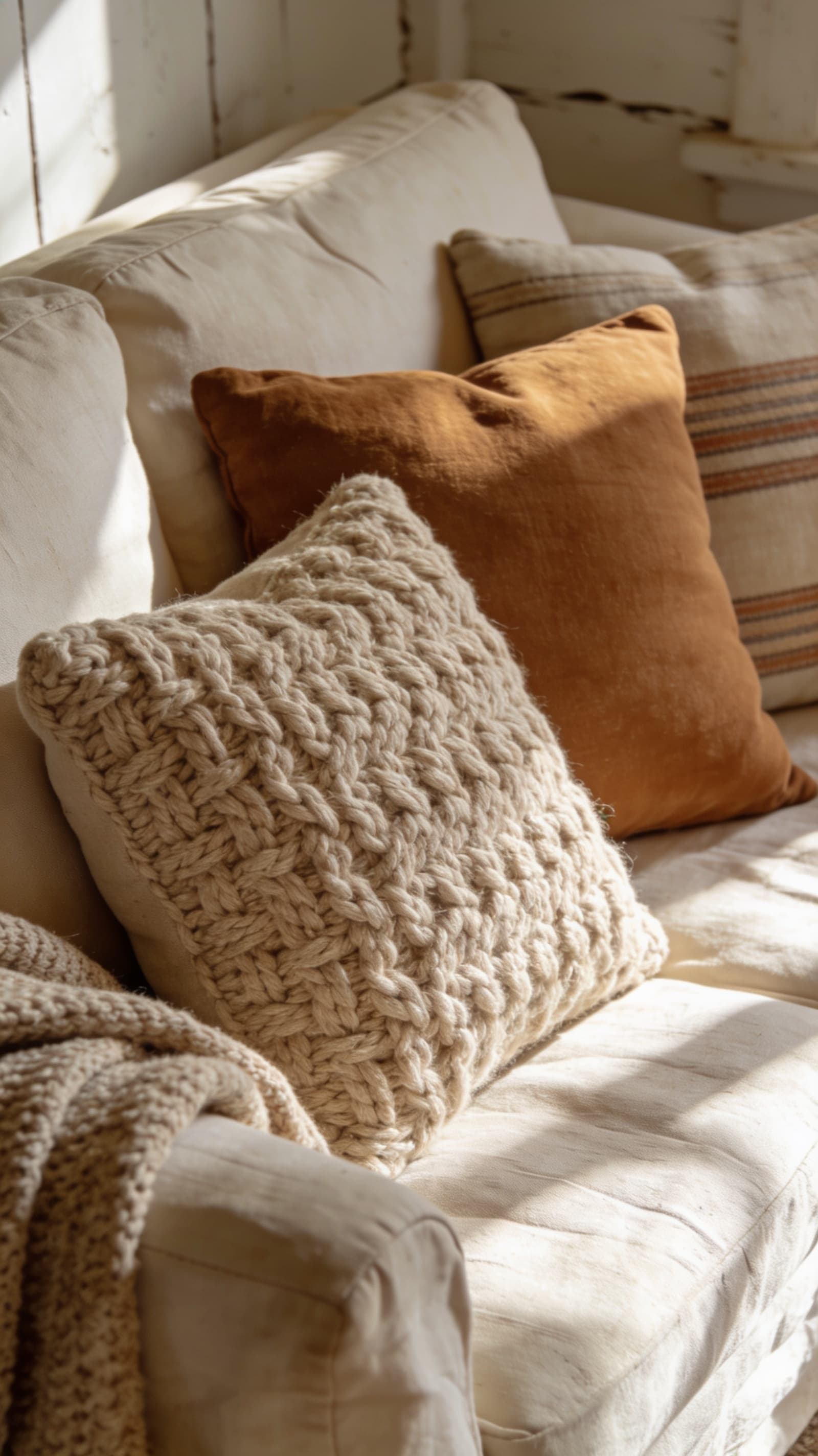 Chunky knit and textured throw pillows mixed on a cream linen sofa