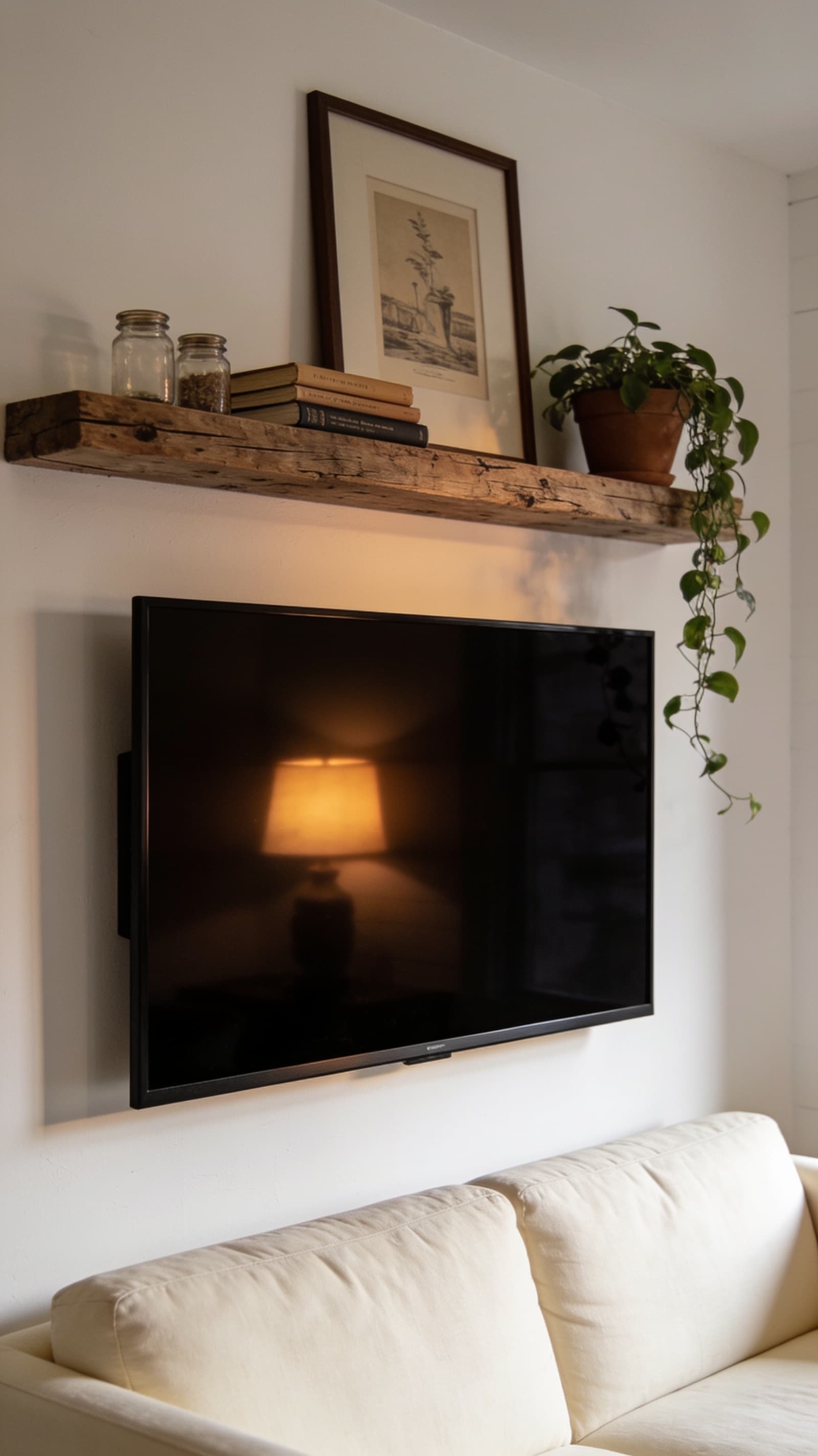Reclaimed wood mantel shelf above a wall-mounted TV holding jars, books, and a plant
