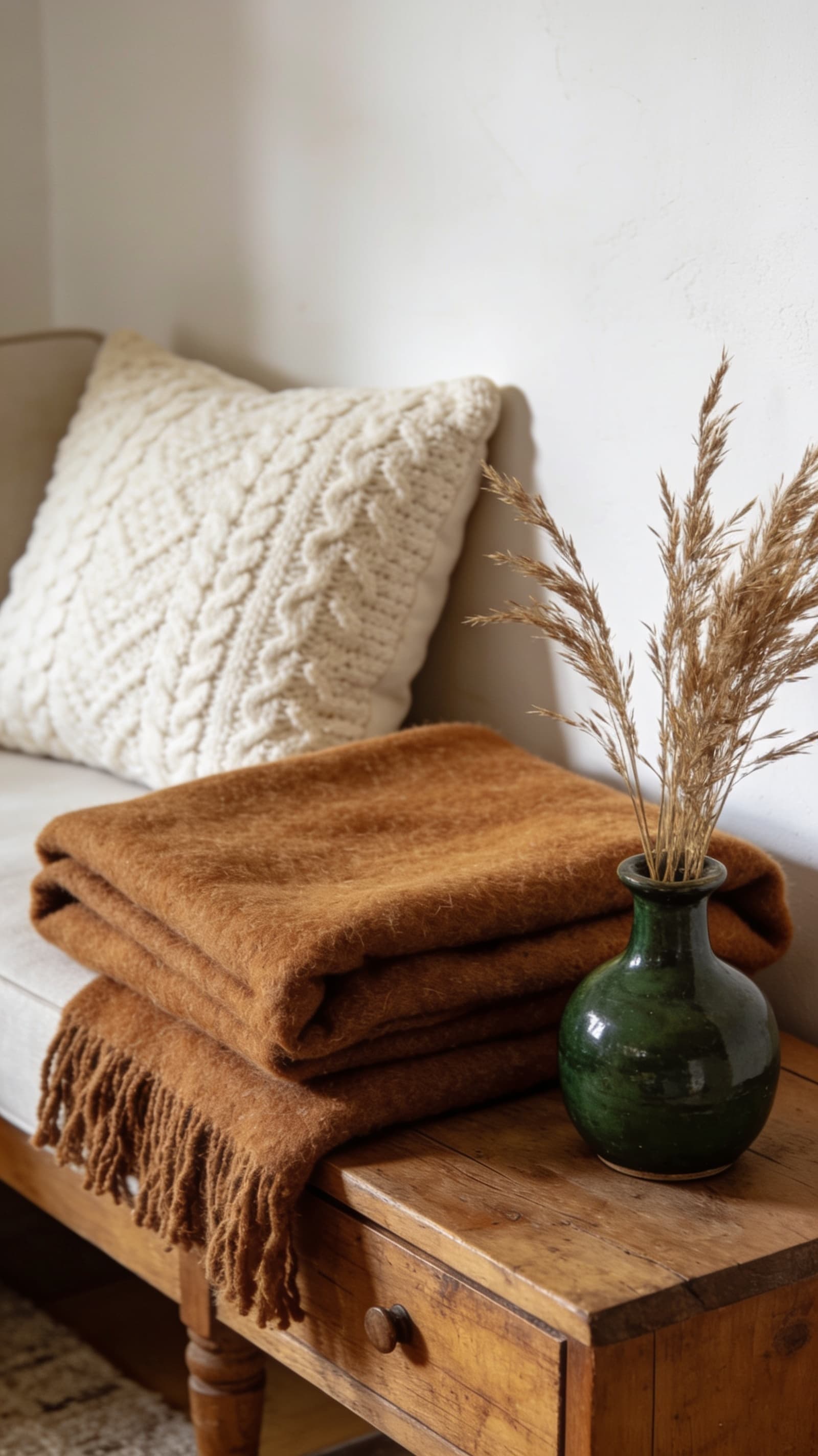 Warm tan, cream, and dark green farmhouse color palette vignette