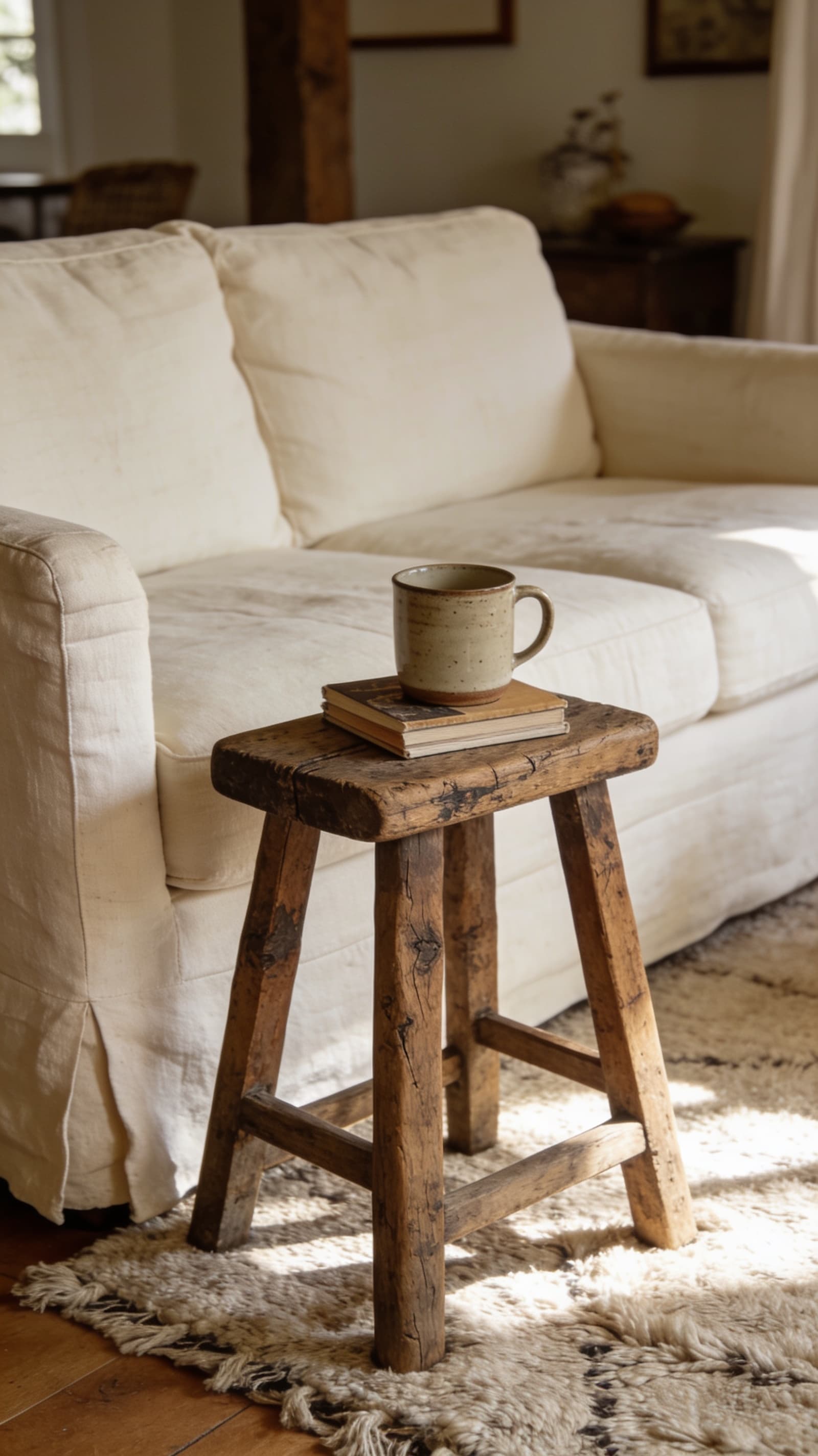 Well-worn rustic wood stool used as a side table beside a cream sofa
