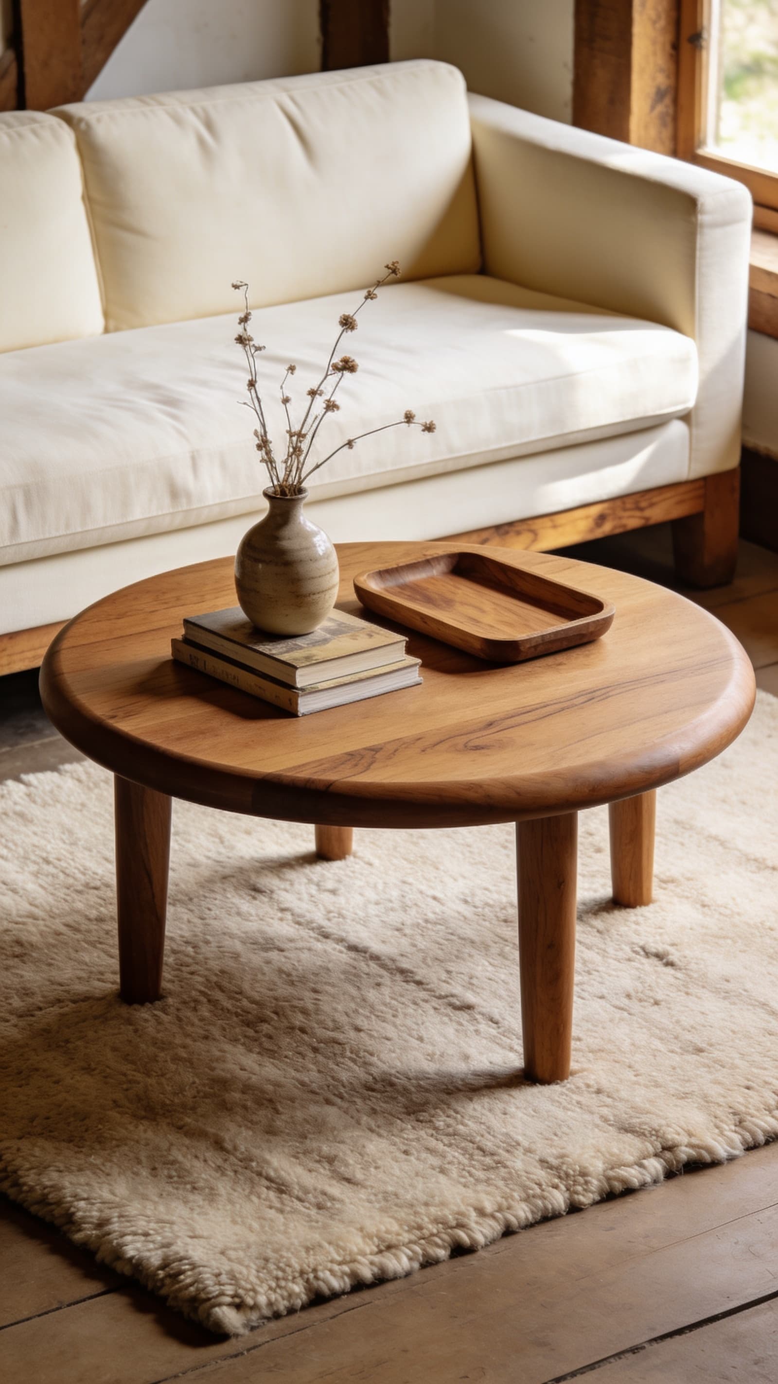 Round oak wood coffee table with rounded edges in a farmhouse living room