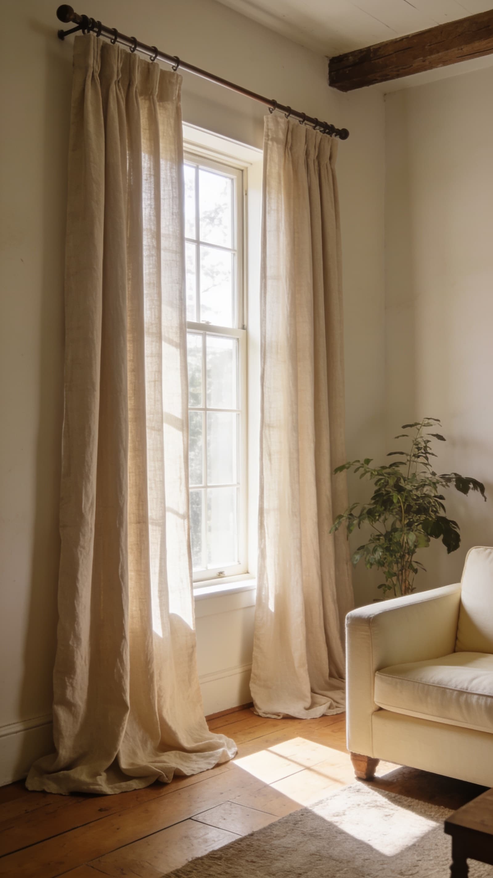 Floor-length oatmeal linen curtains hung high near the ceiling
