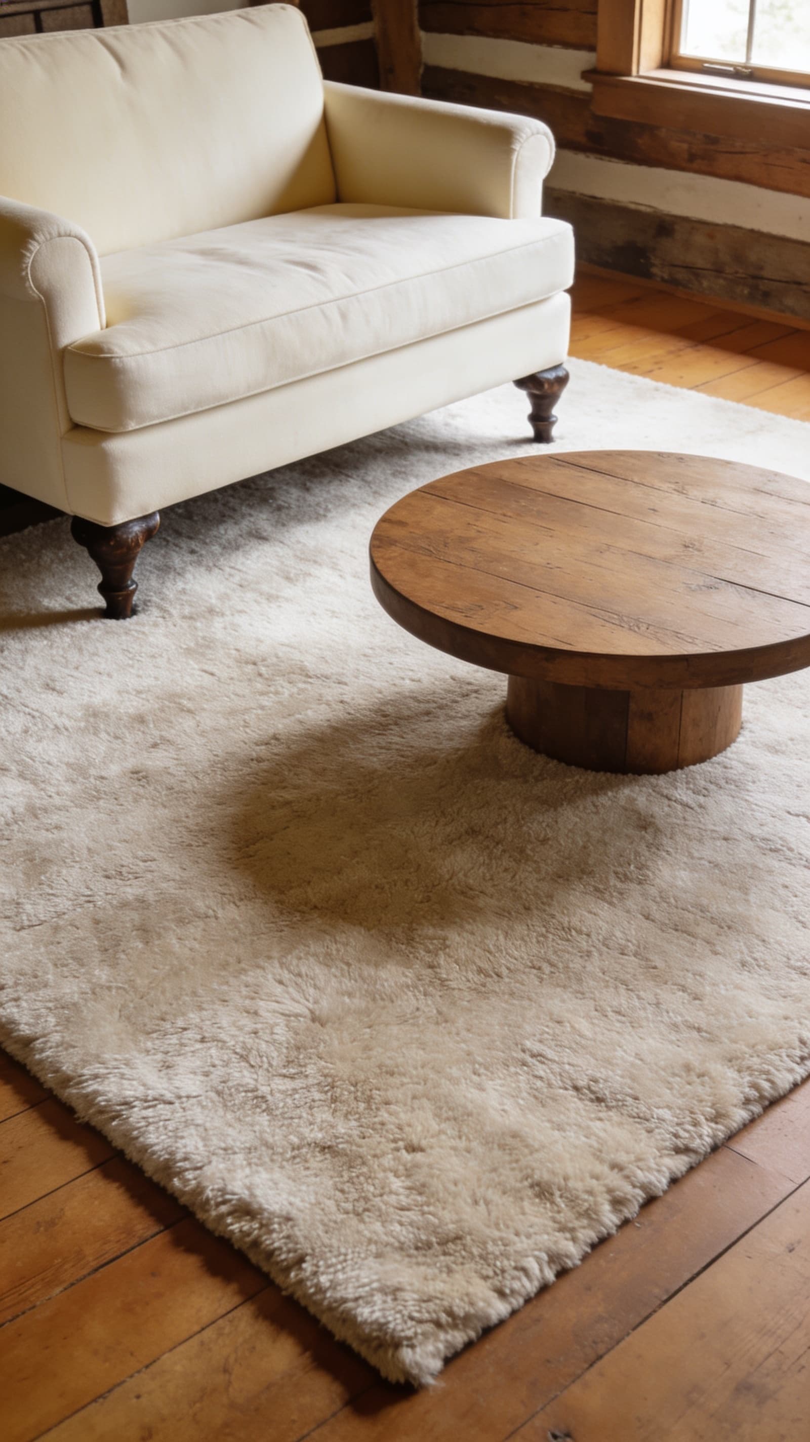 Large neutral wool-blend area rug under a cream sofa and wood coffee table