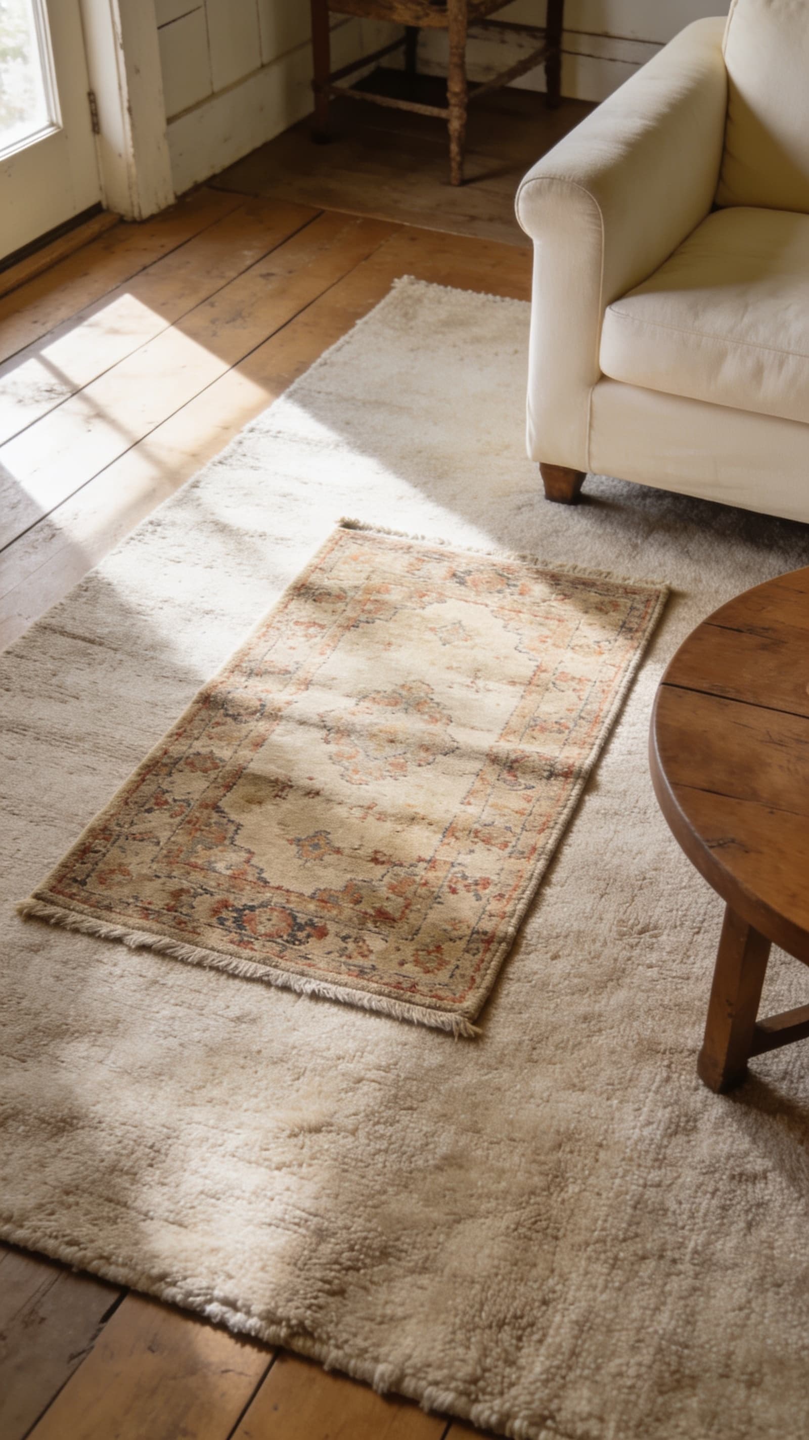 Small vintage-style rug layered over a larger wool rug, set off to one side