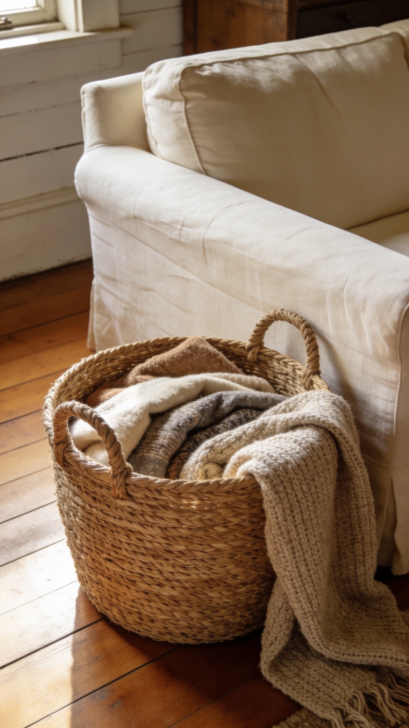 Large woven seagrass basket filled with folded blankets beside a sofa