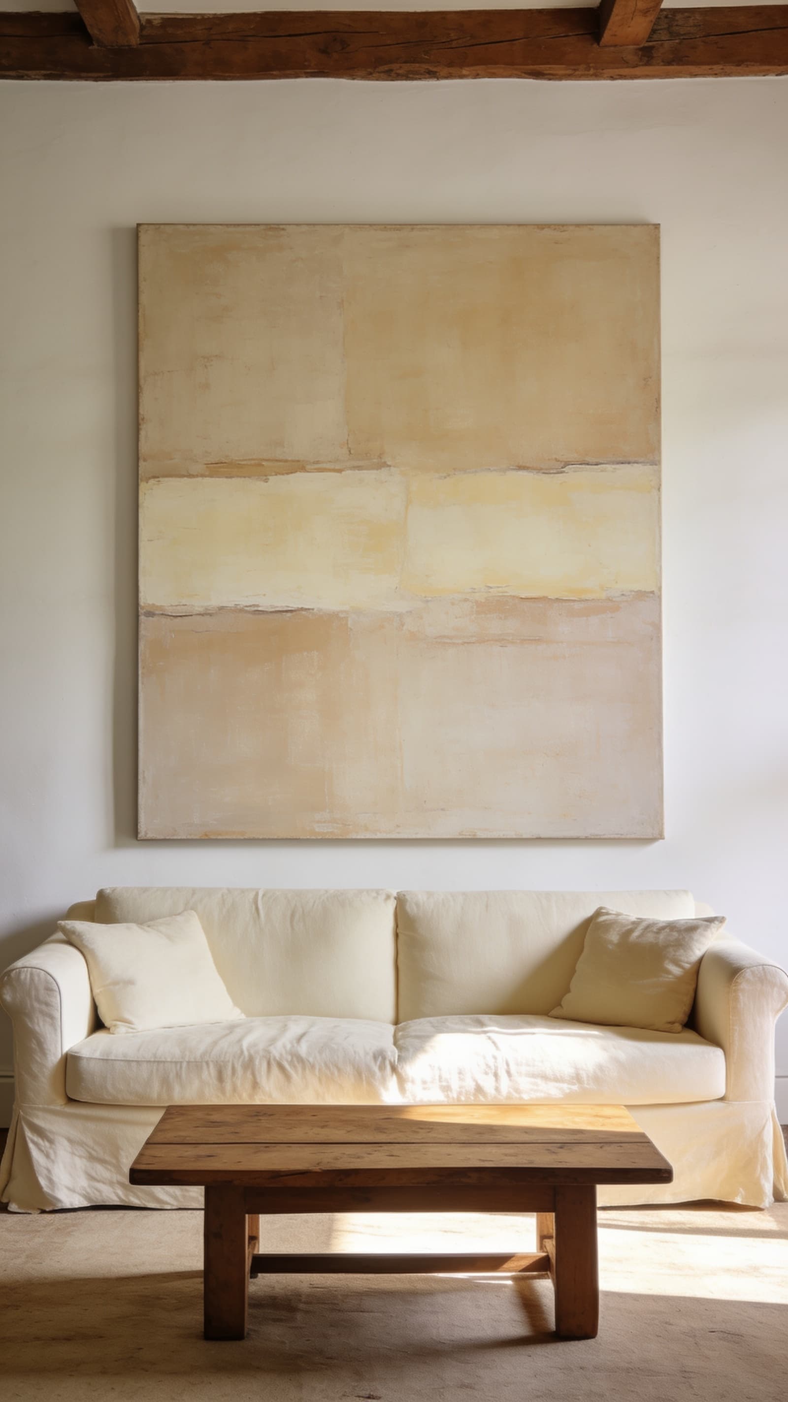 Large neutral abstract canvas wall art above a cream farmhouse sofa