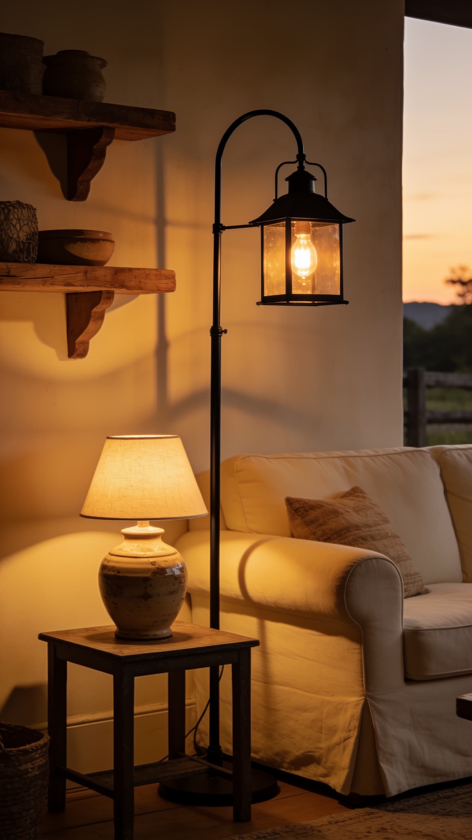 Black metal farmhouse floor lamp and table lamp glowing warmly at dusk