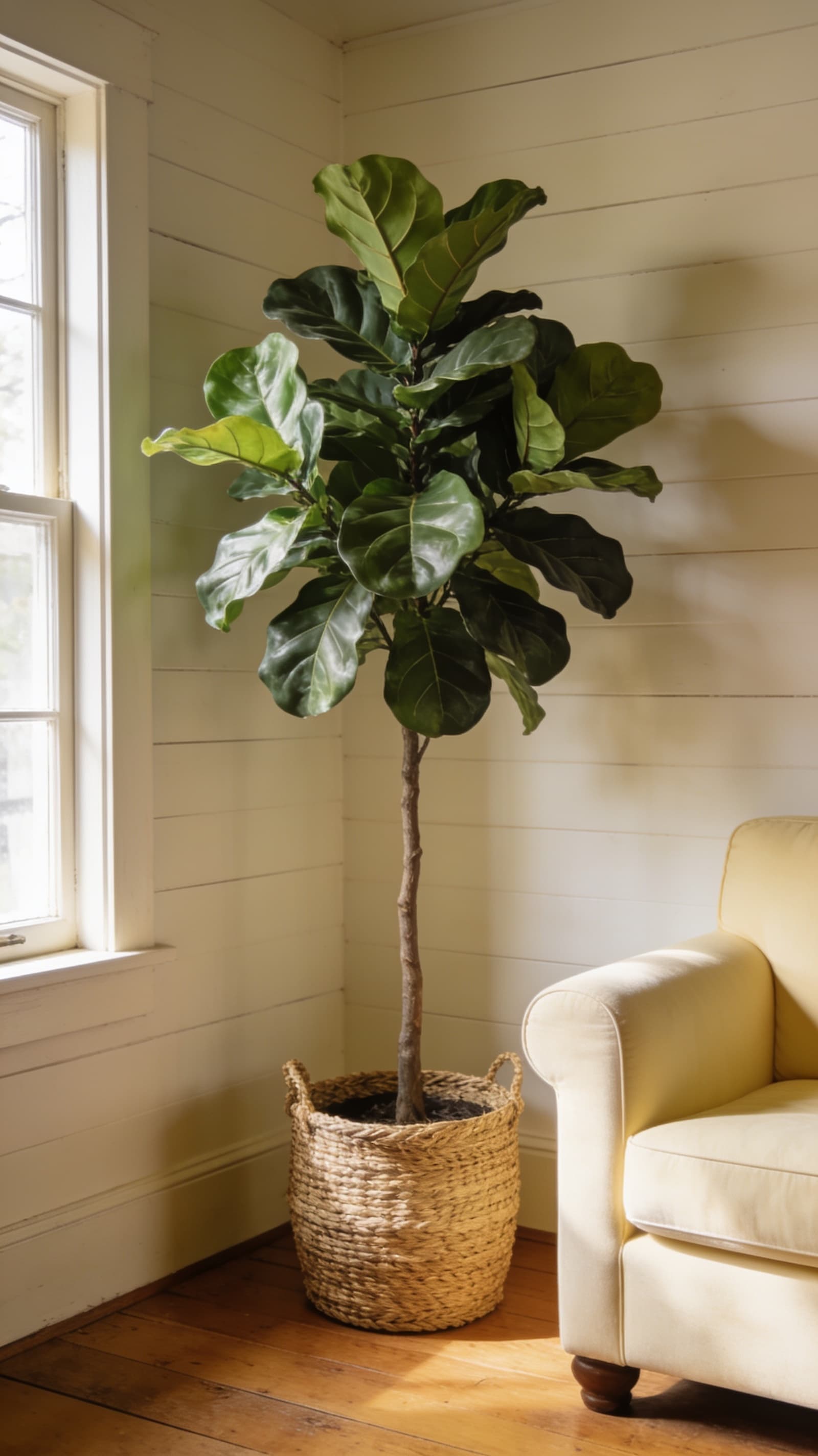 Tall faux fiddle leaf fig tree in a woven basket filling a living room corner