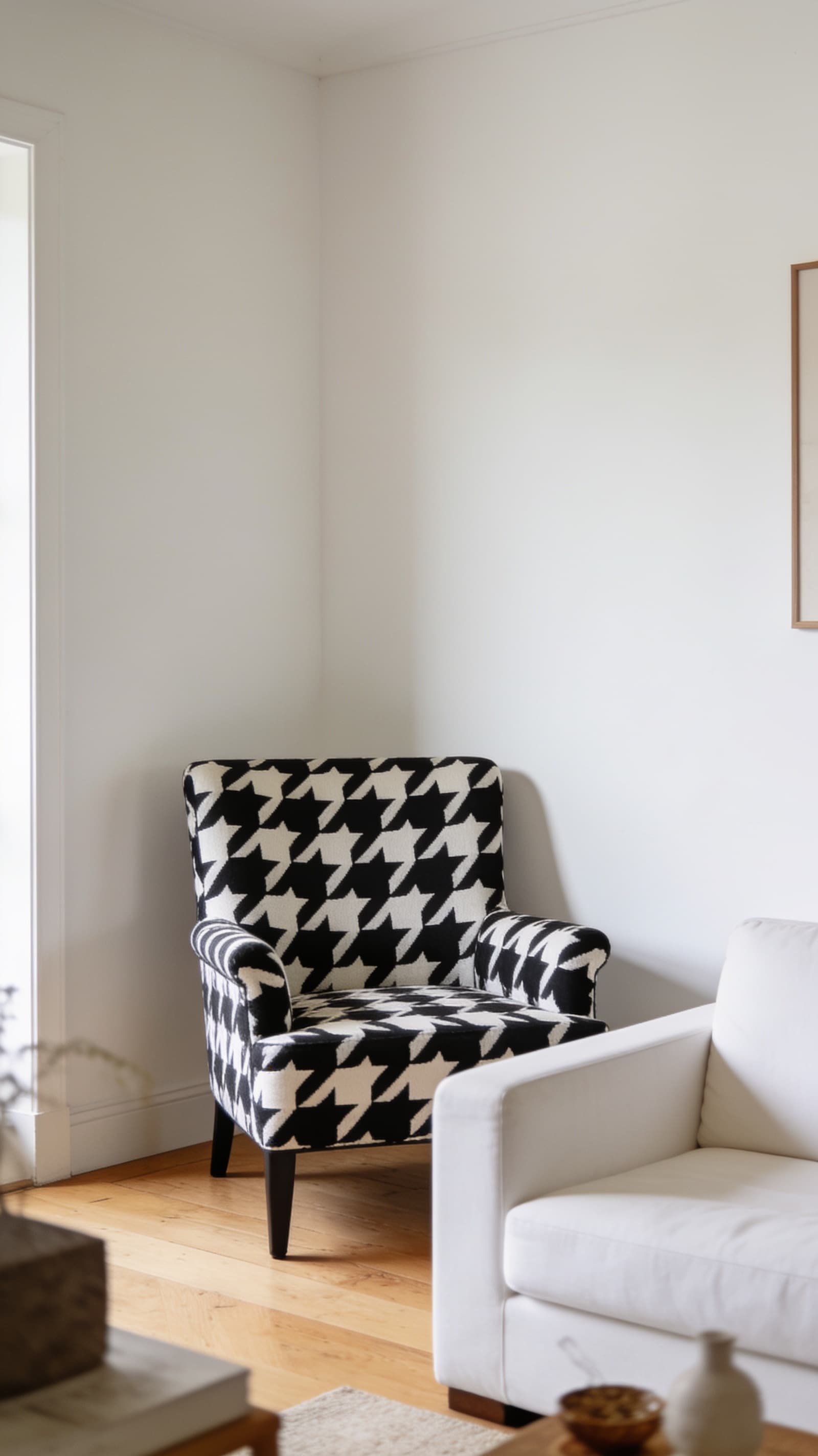 Bold black and white patterned accent chair as a statement piece in a calm living room corner