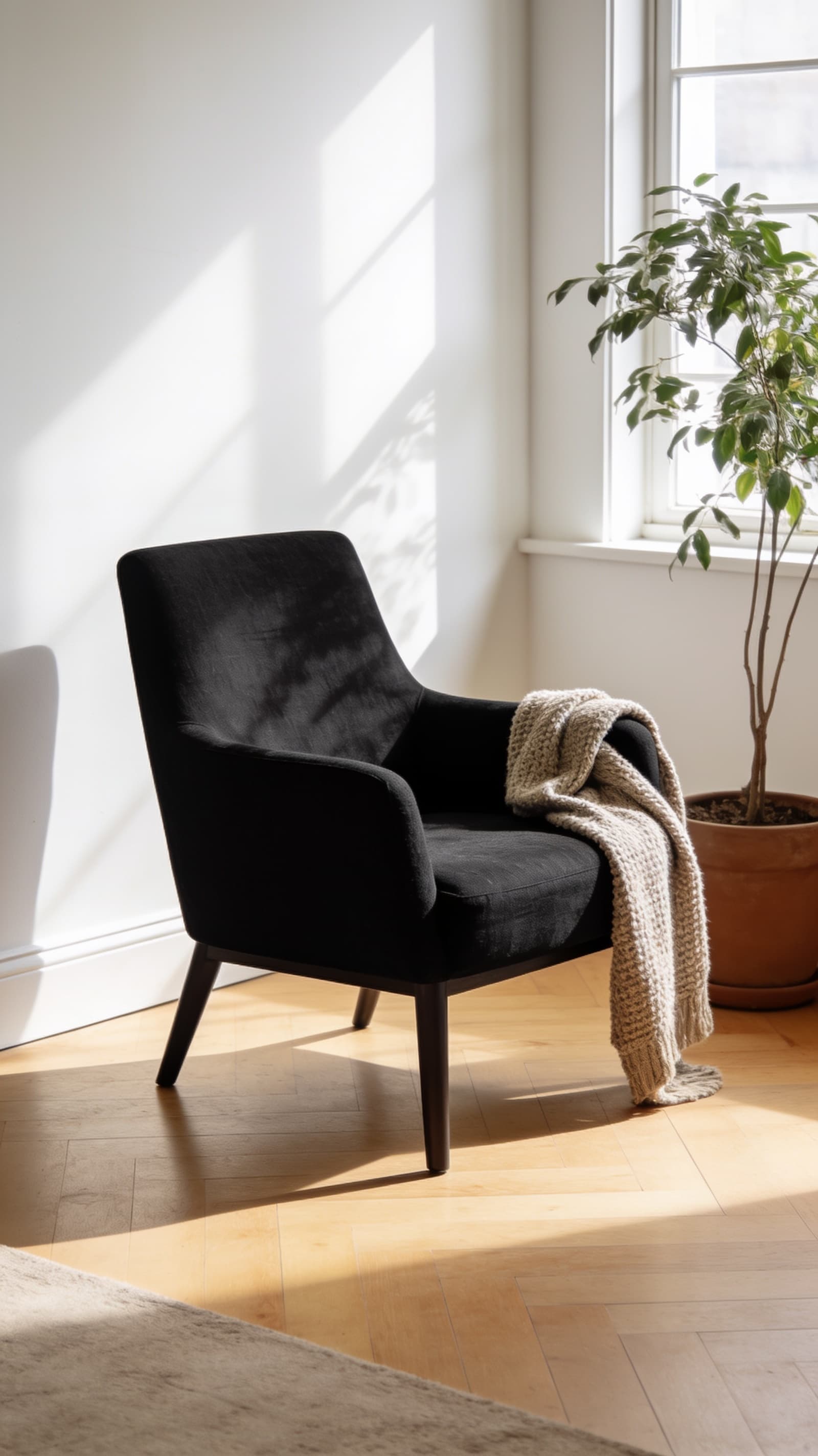 Black linen accent chair against a warm white living room wall