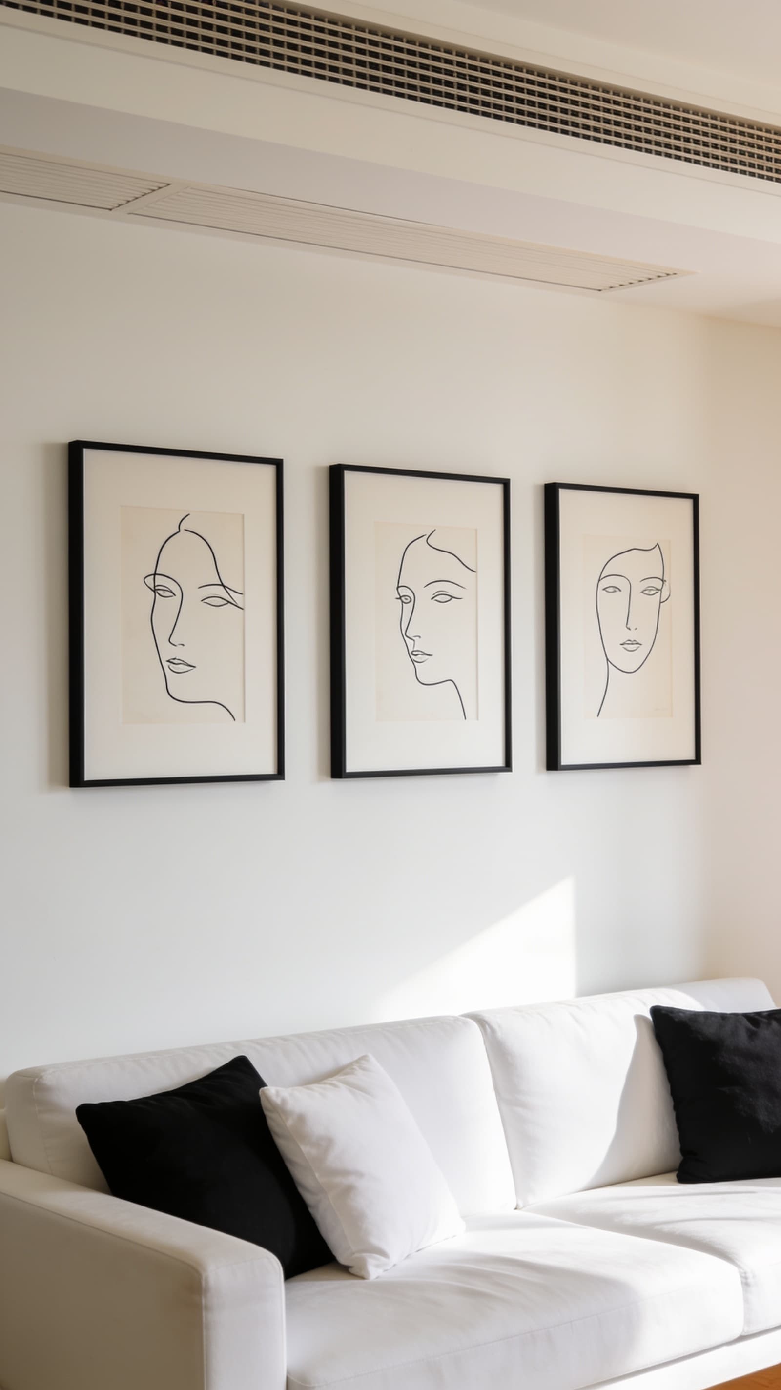 Set of three black picture frames in a row on a warm white wall
