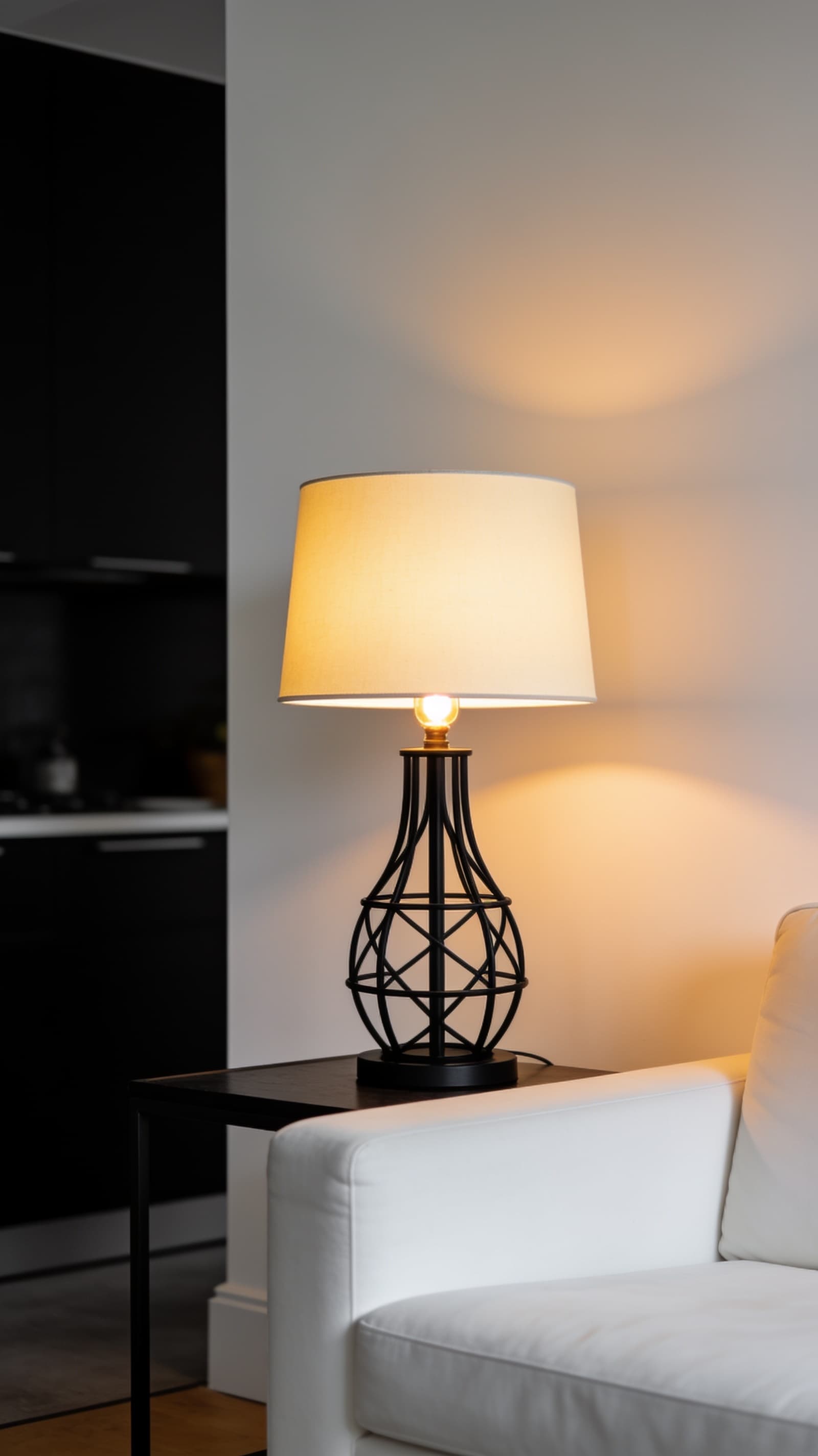 Black metal table lamp with a cream shade beside a white sofa