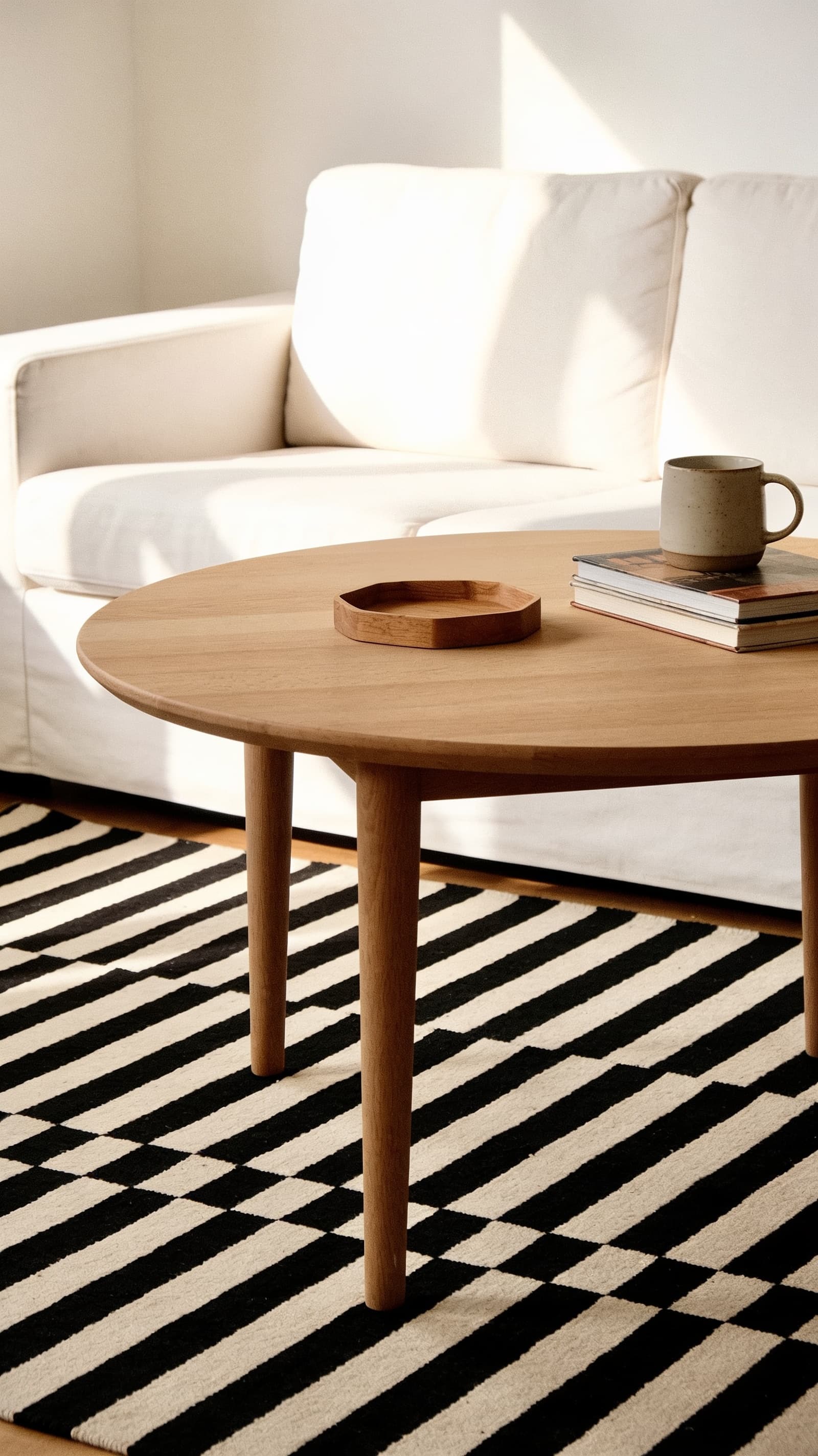 Light wood round coffee table on a black and white striped rug