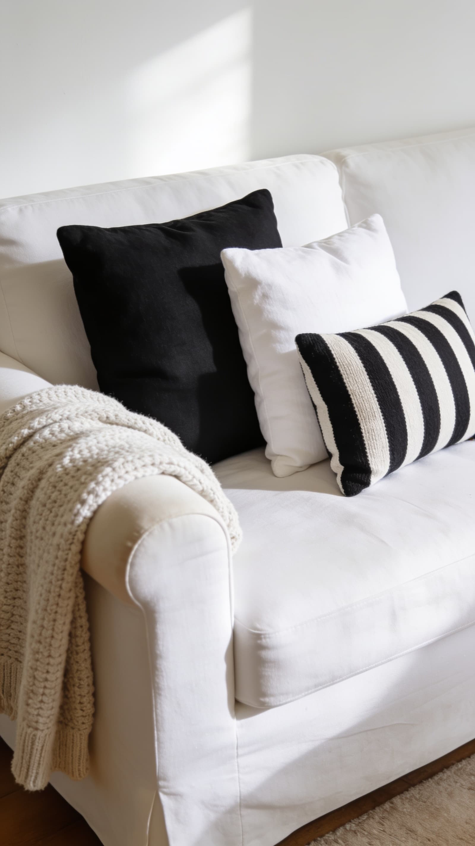 Black, white, and striped throw pillows mixed on a white sofa