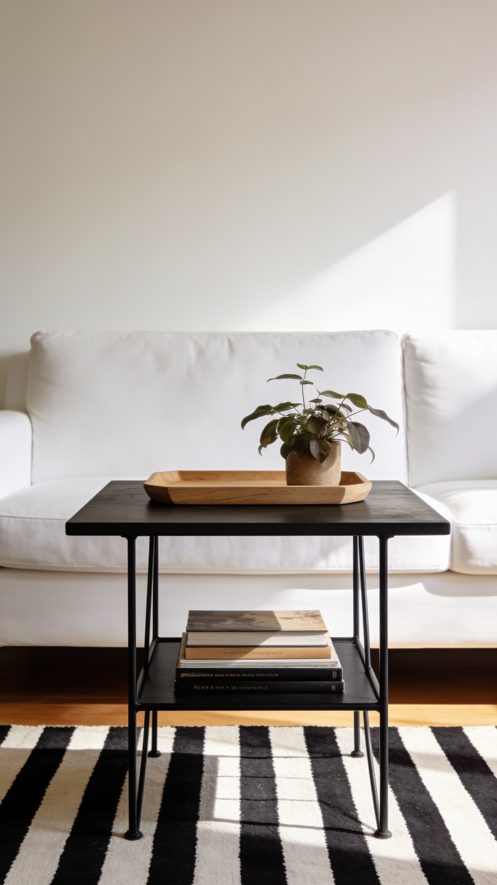 Black metal frame coffee table with thin legs in a light living room