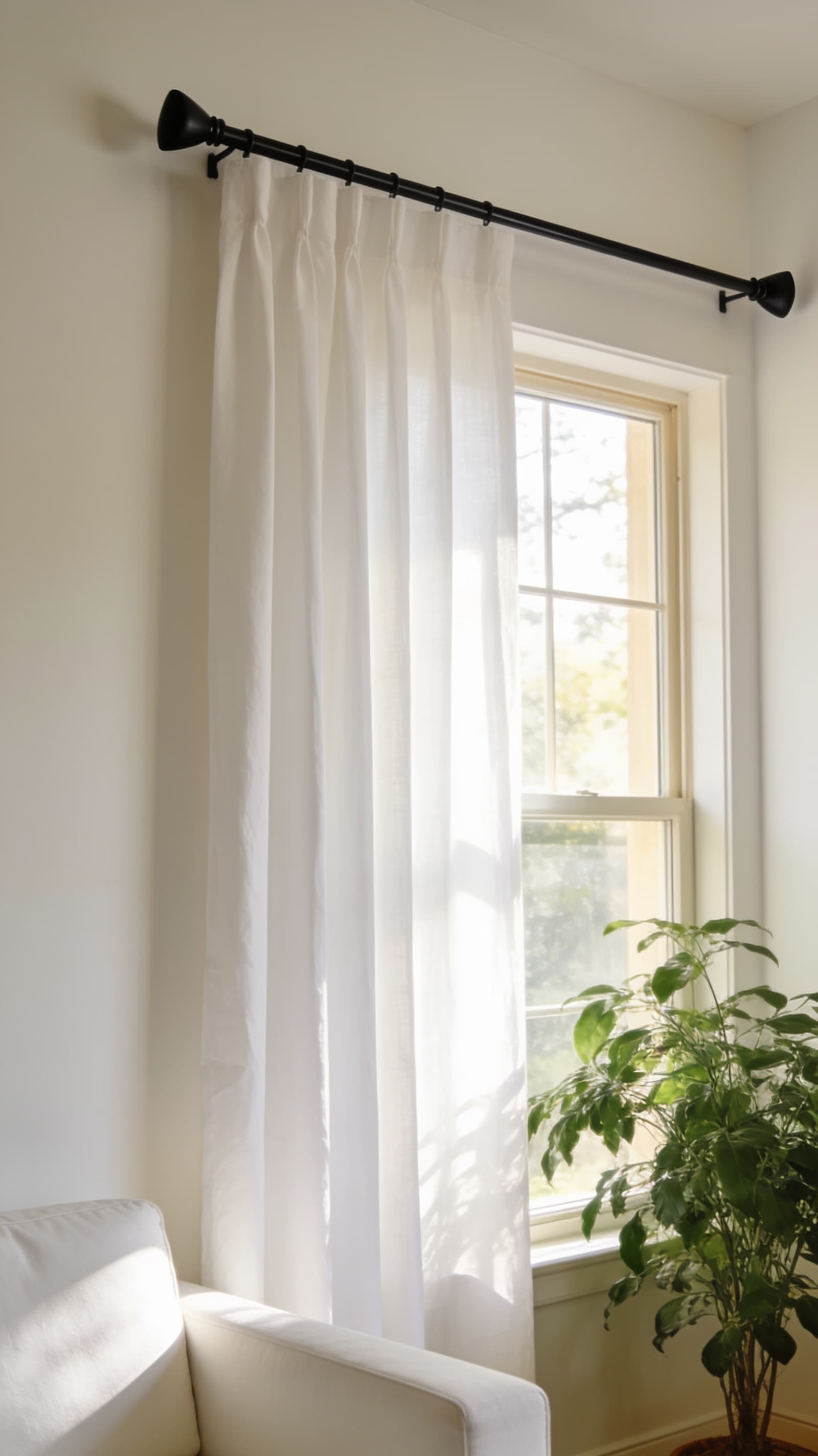 White linen curtains hanging from a slim matte black curtain rod