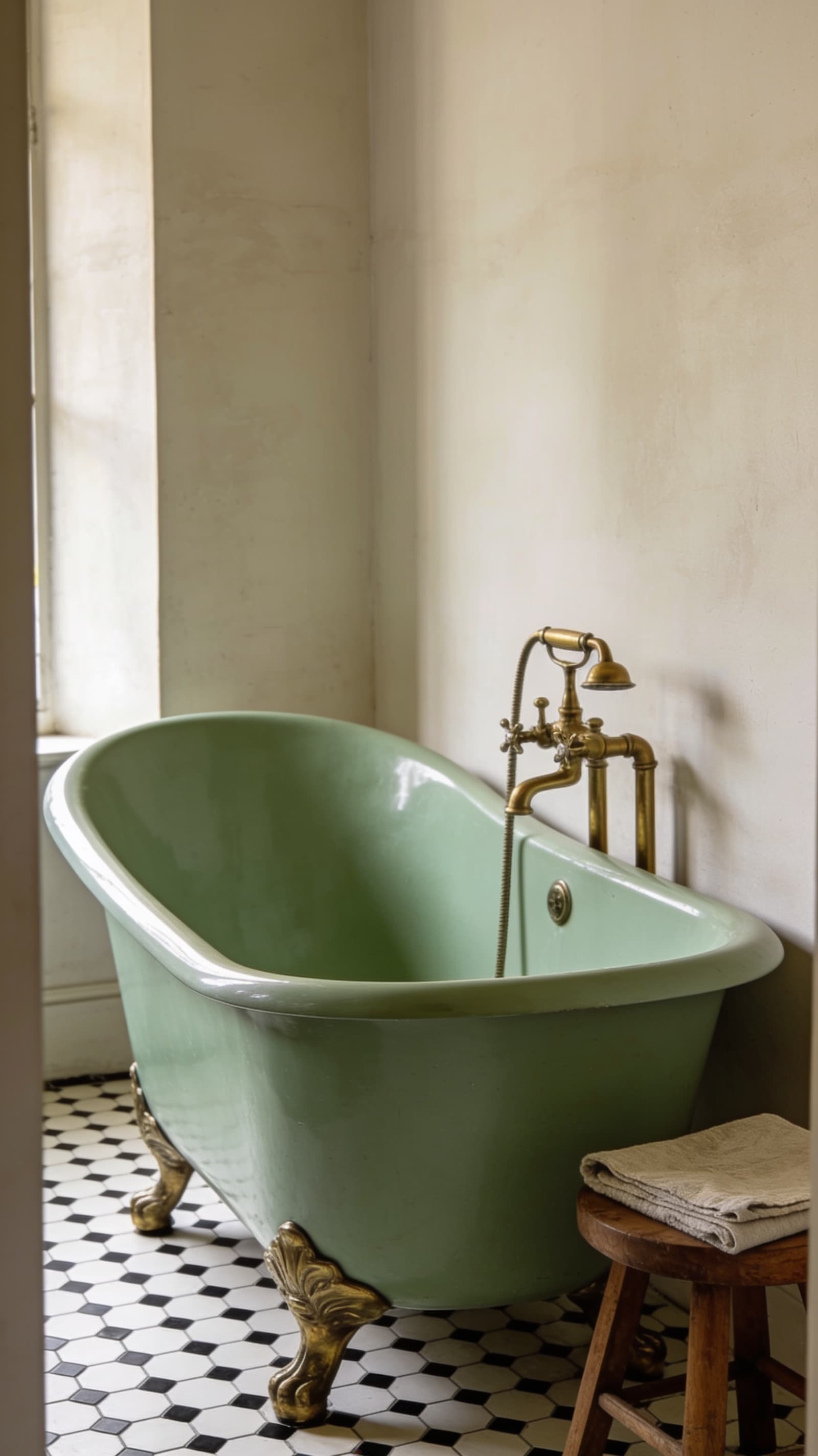 Classic white clawfoot bathtub with brass claw feet in a vintage bathroom