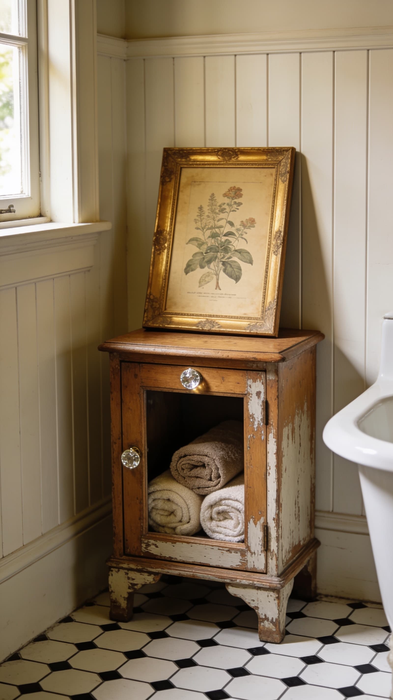 Antique painted wood cabinet holding rolled towels in a vintage bathroom corner
