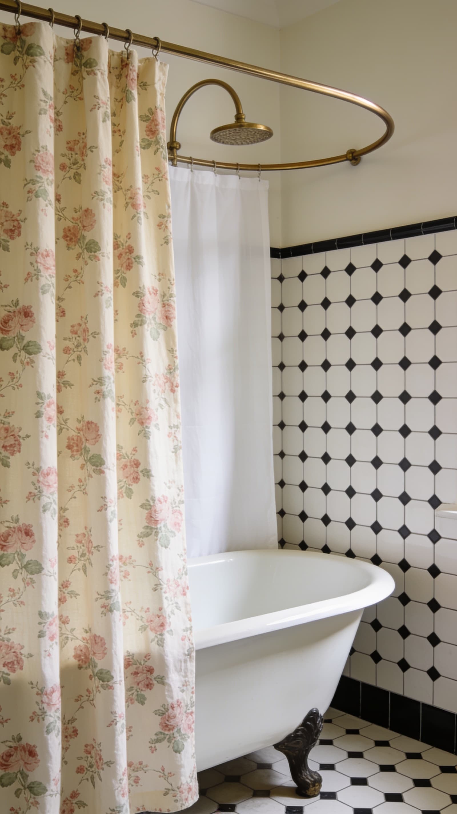 Vintage floral cotton shower curtain beside a clawfoot tub and black and white hex tile